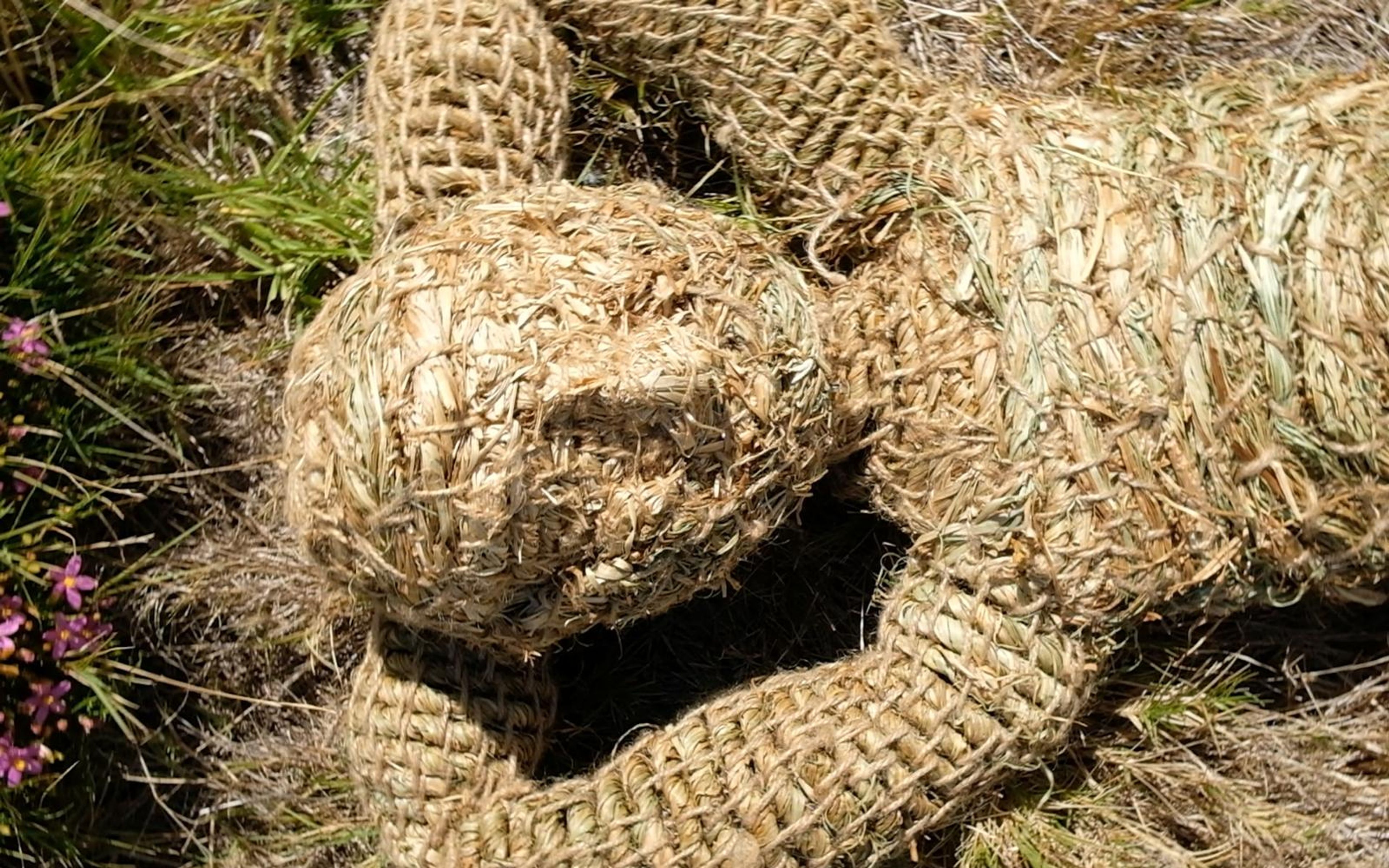 Close view of a woven grass figure's face and arm among pink wildflowers