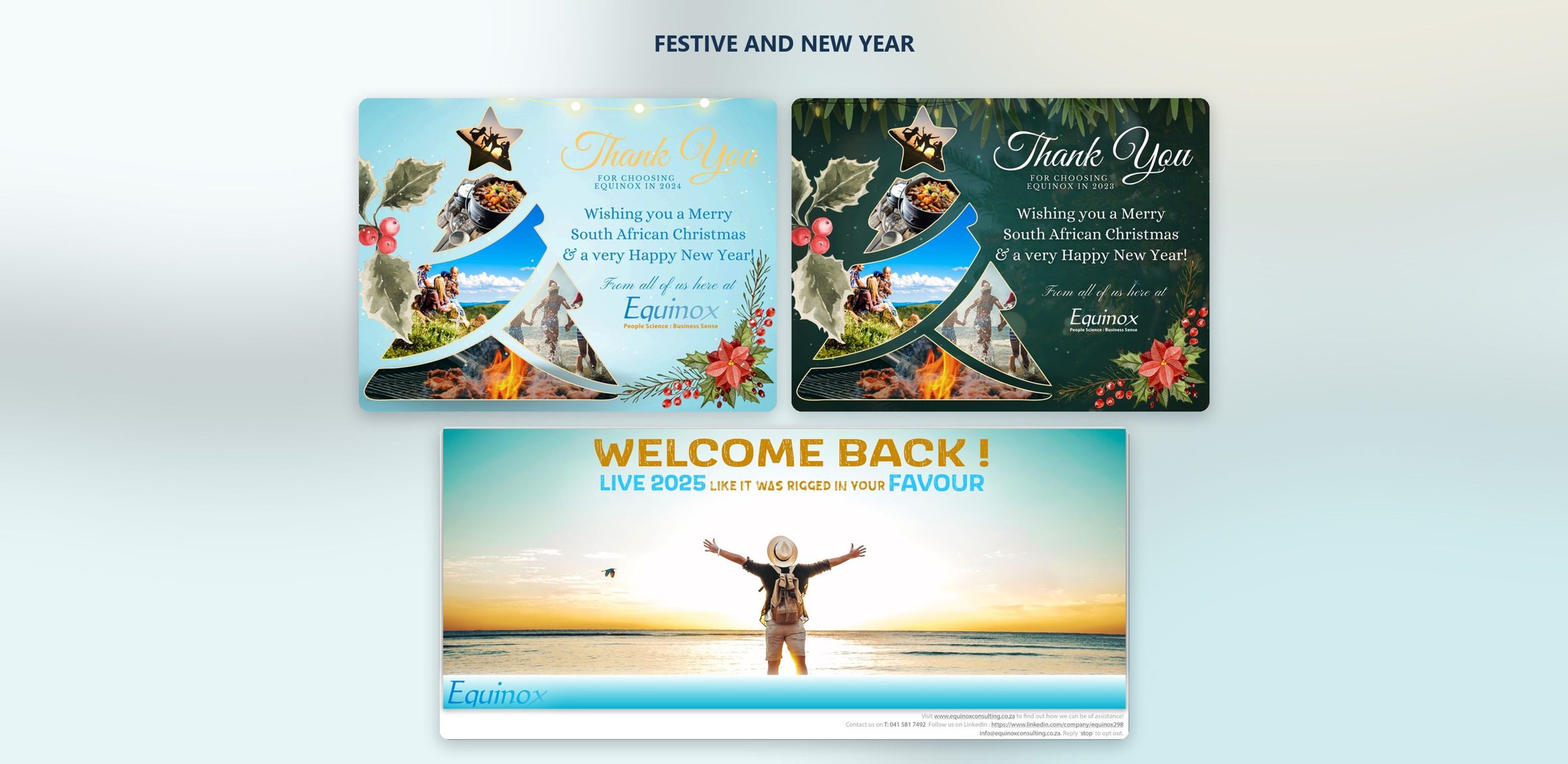 Equinox festive greeting in light and dark versions with the Welcome Back new year banner