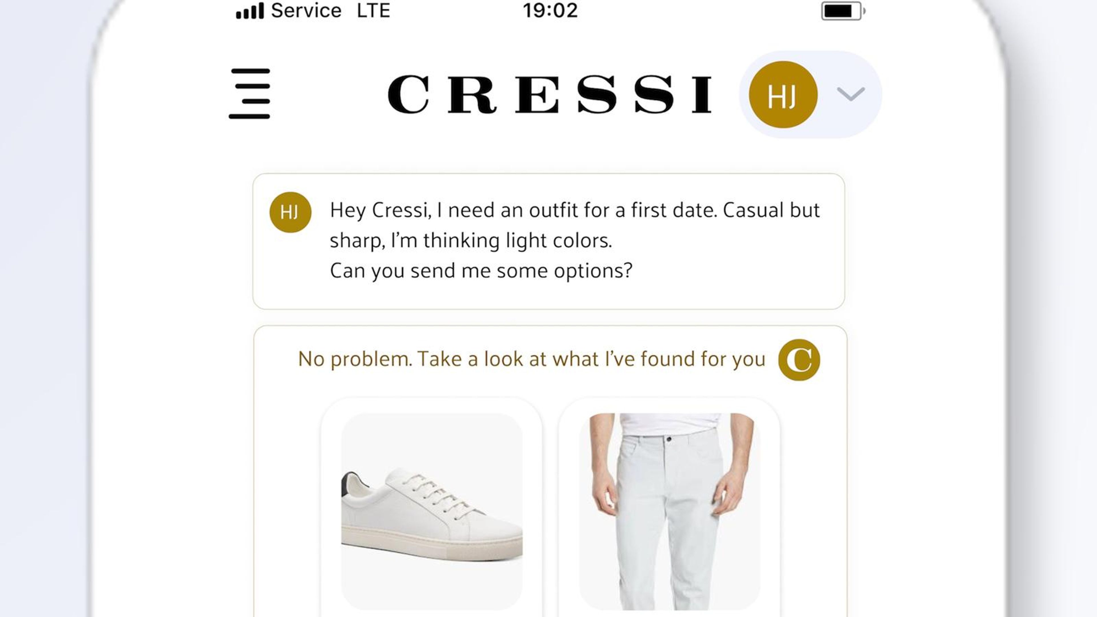 CRESSI chat on a phone with a request for a first date outfit and the first product suggestions