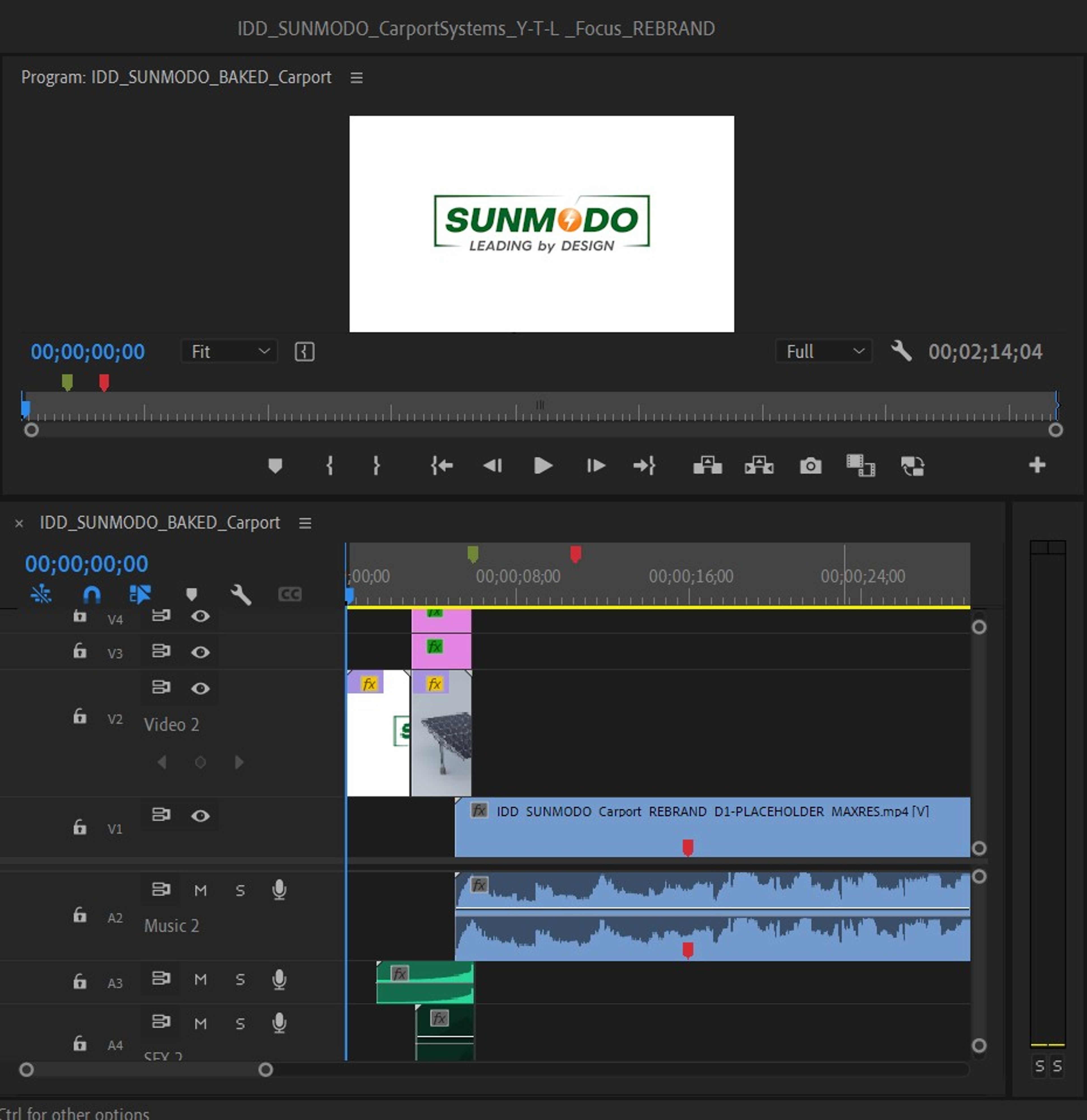 Premiere Pro timeline for the Sunmodo video opening on the Sunmodo logo, with the baked carport sequence and music tracks