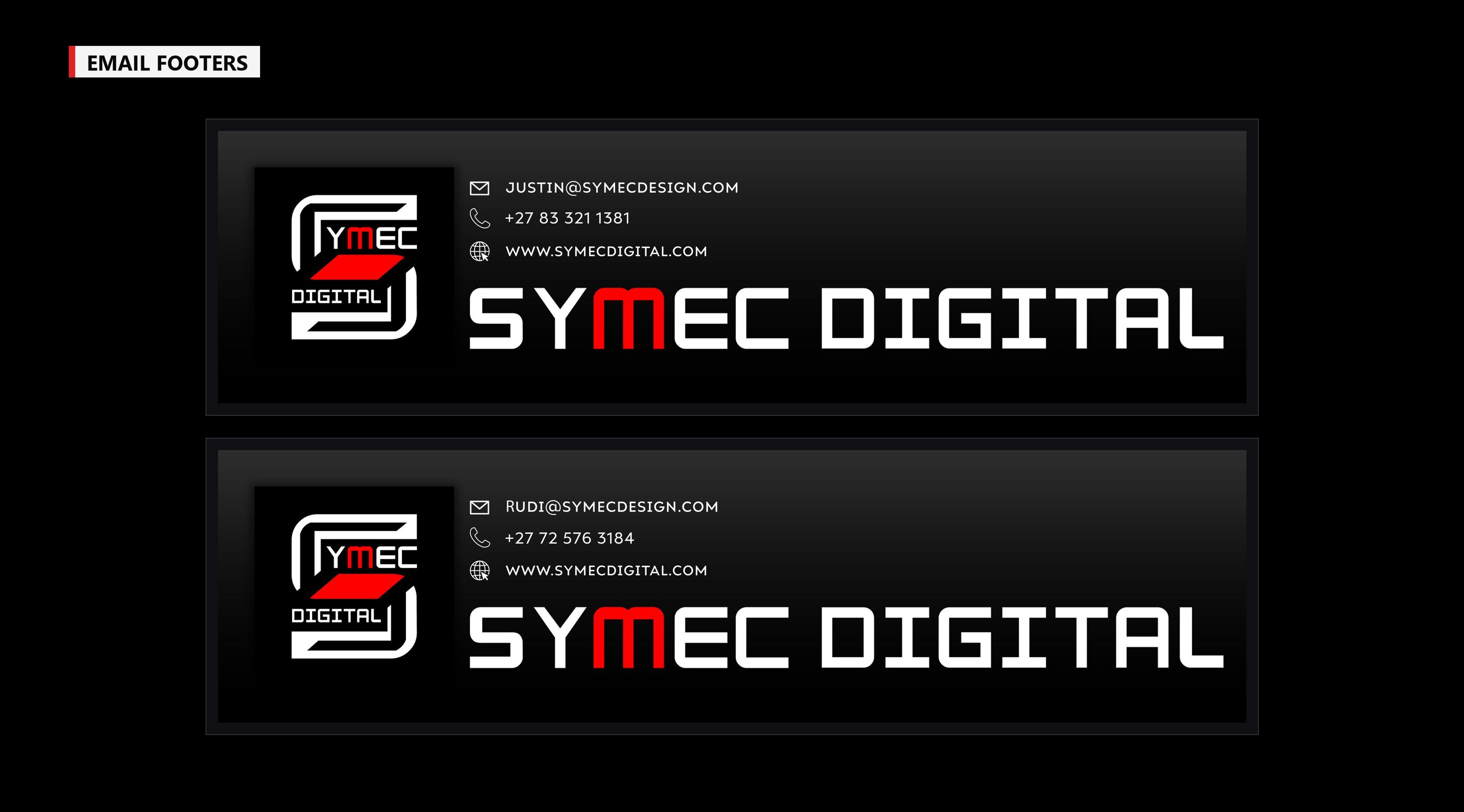 Two Symec Digital email footers with the logo and contact details