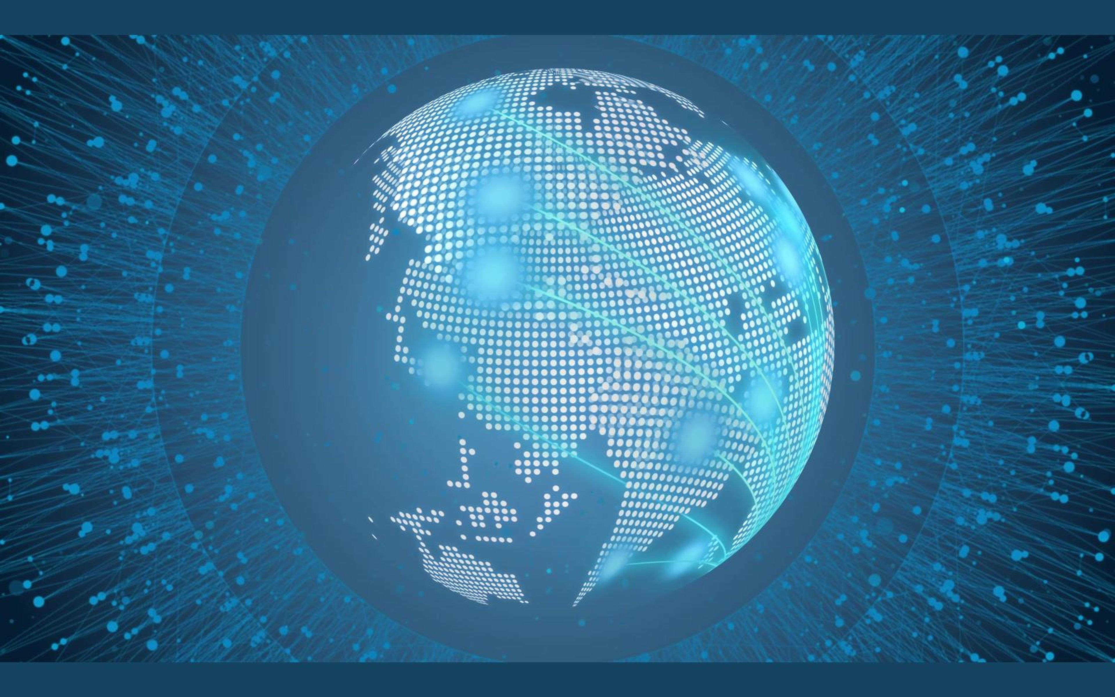 Full view of the dot-matrix globe with light streams and glowing nodes