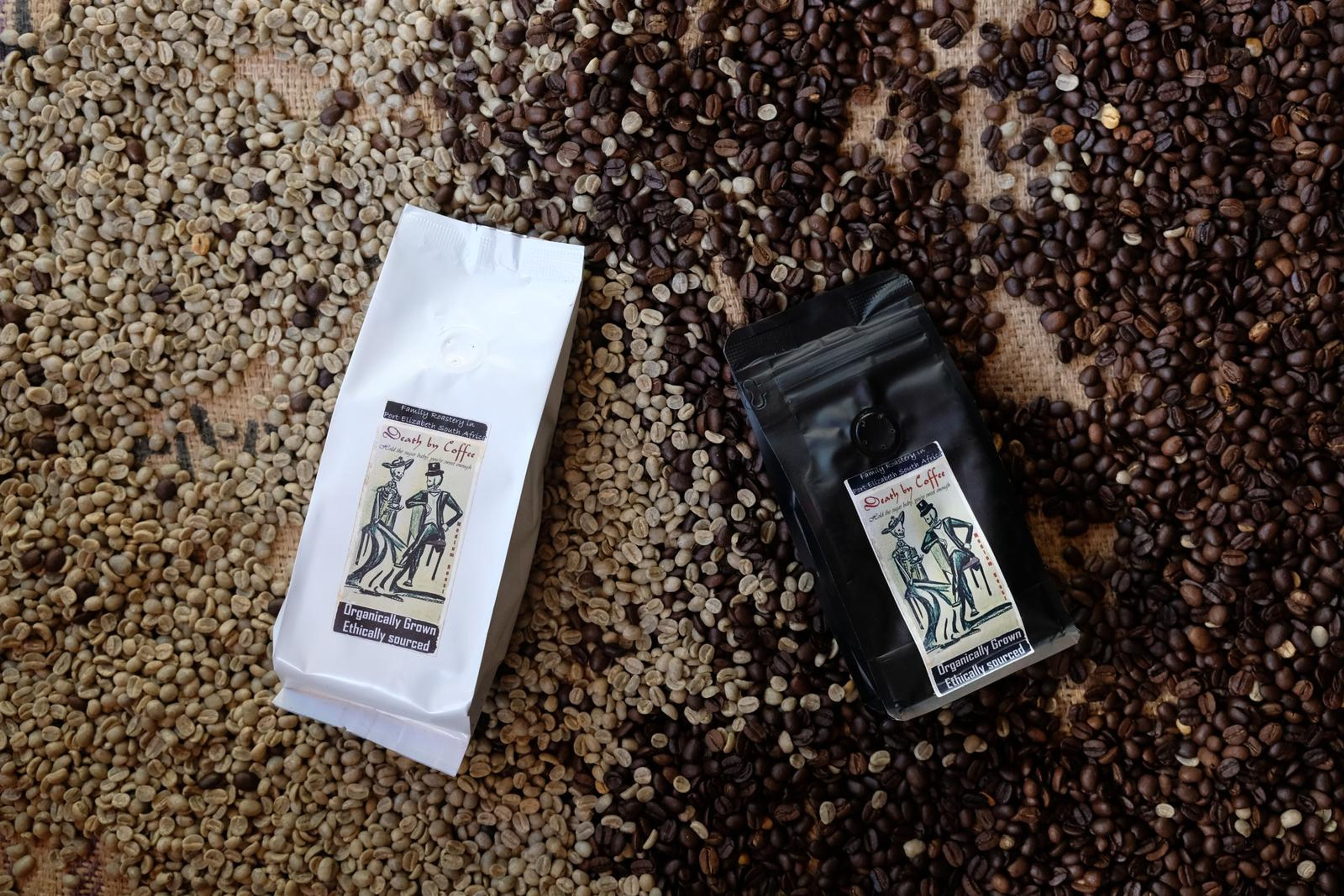 Death By Coffee creative product photography of coffee, beans and branded bags