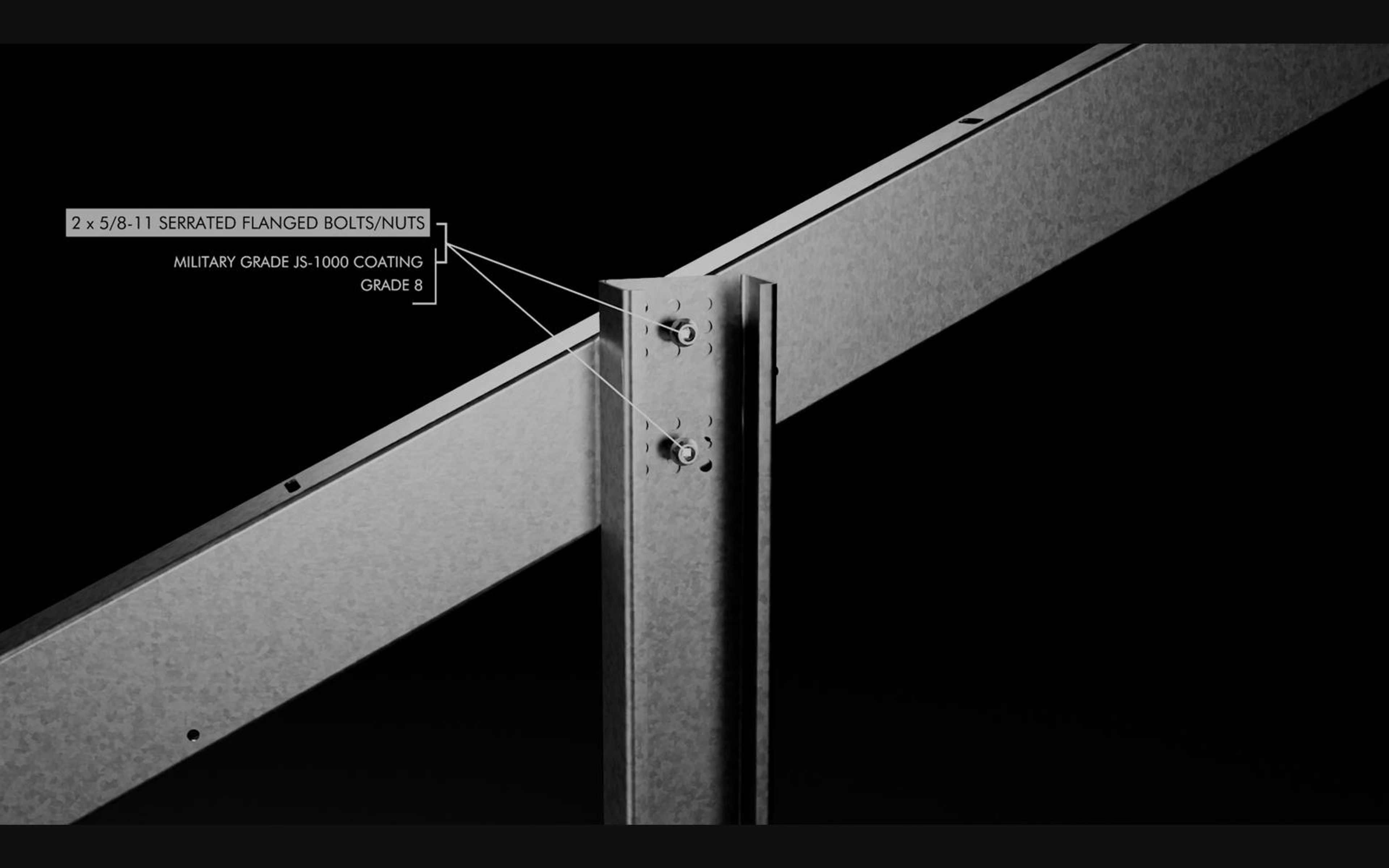 Callout on serrated flanged bolts where a rail meets a post