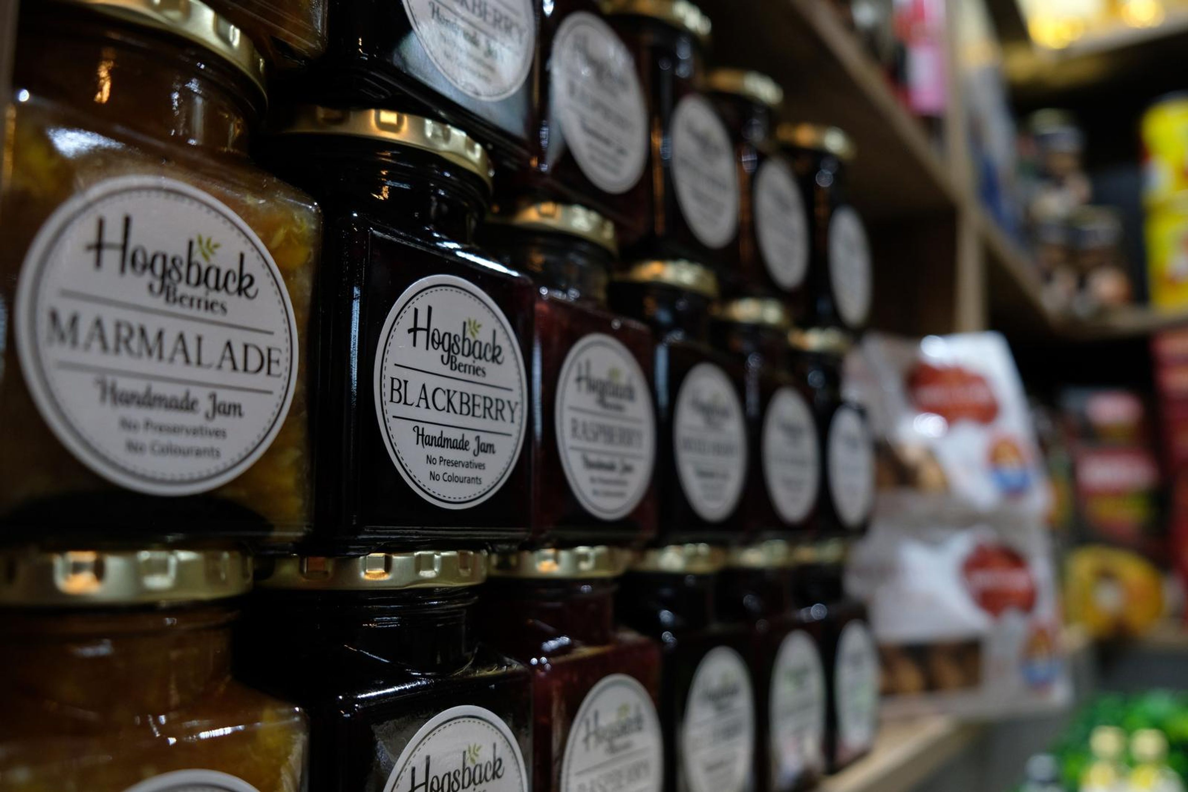 Close-up of Hogsback Berries jars of marmalade, blackberry and raspberry jam