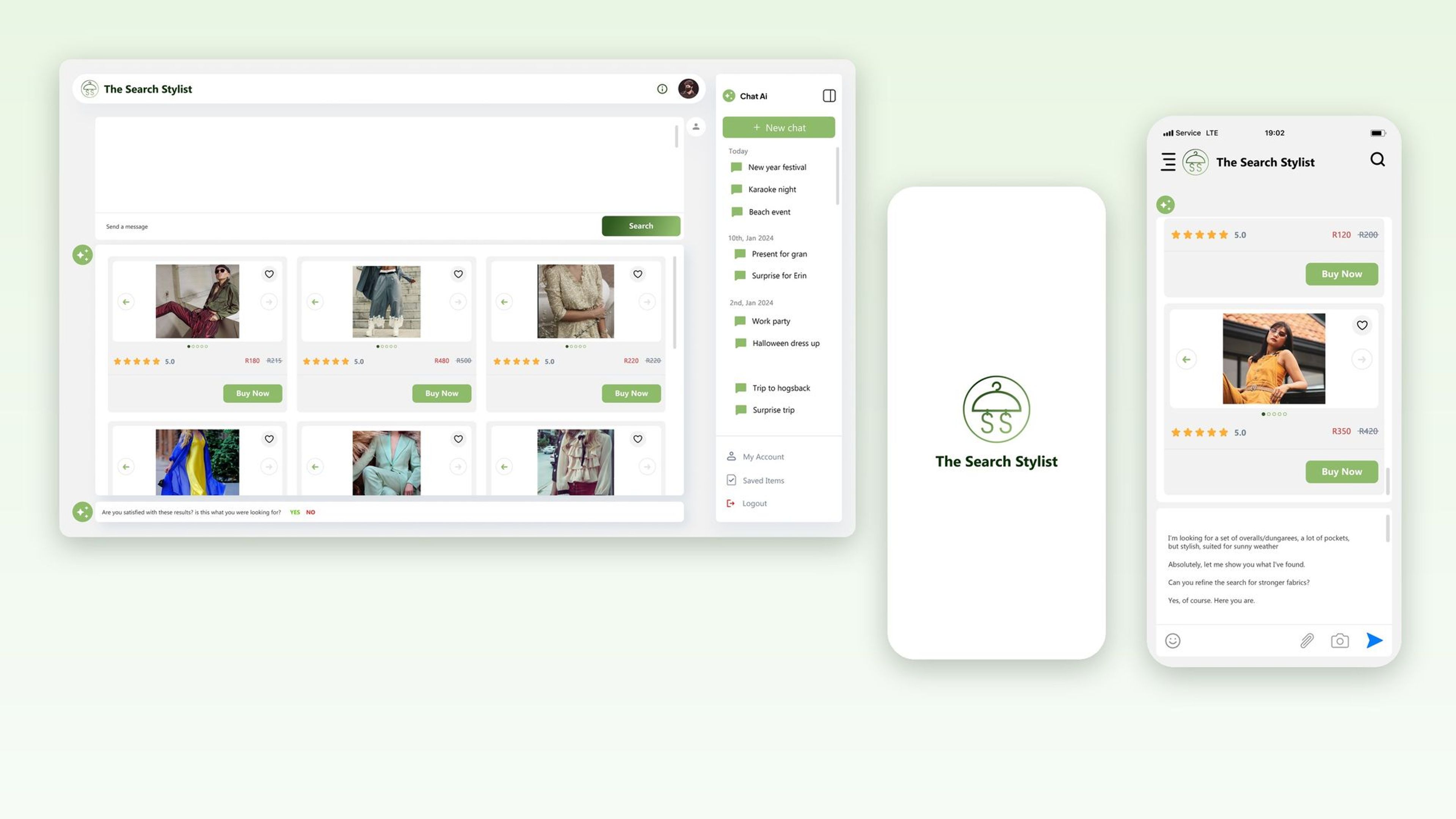 The Search Stylist app simulation on desktop and mobile, with the chat search, product results and phone screens