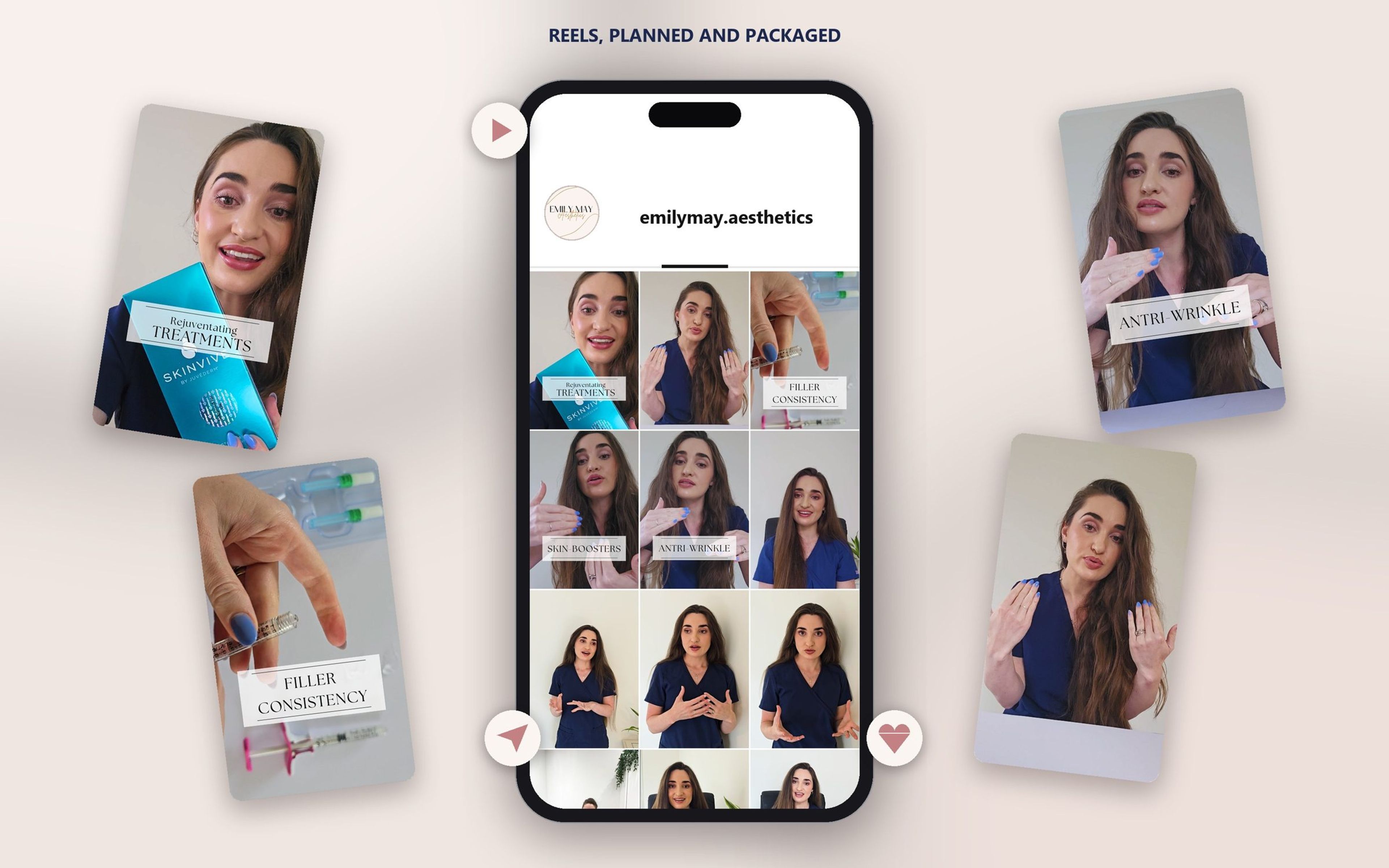 A phone showing a grid of Emily Aesthetics reel covers and frames