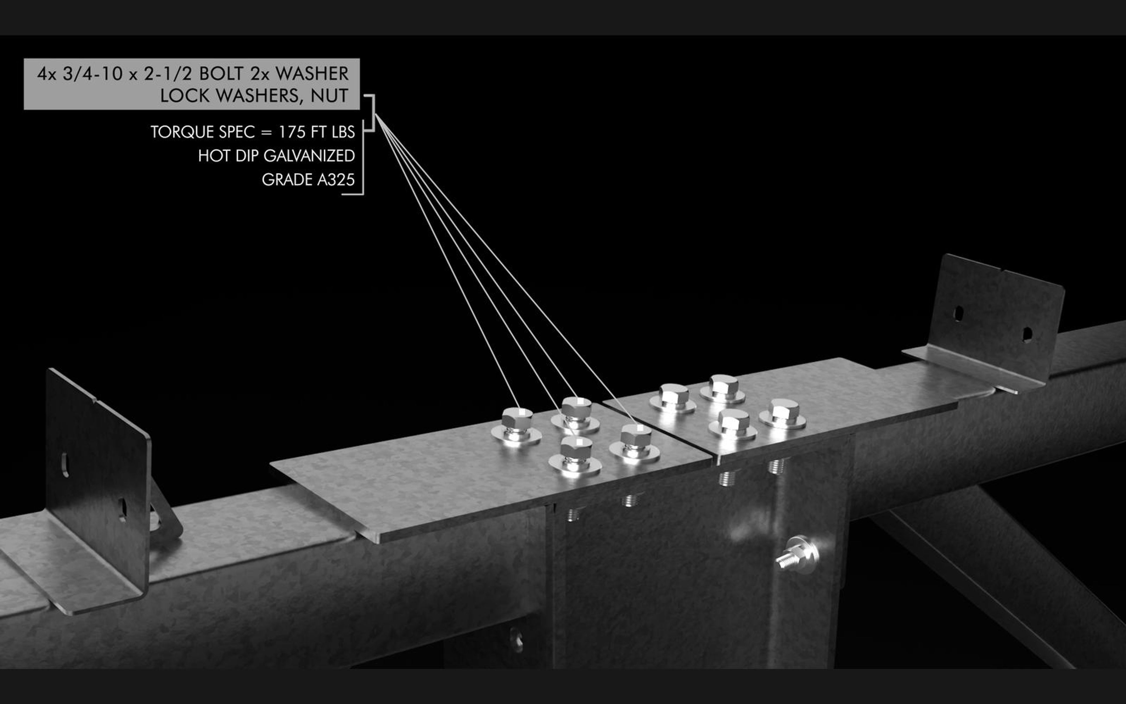 Callout naming bolts, washers and torque specification at a purlin joint