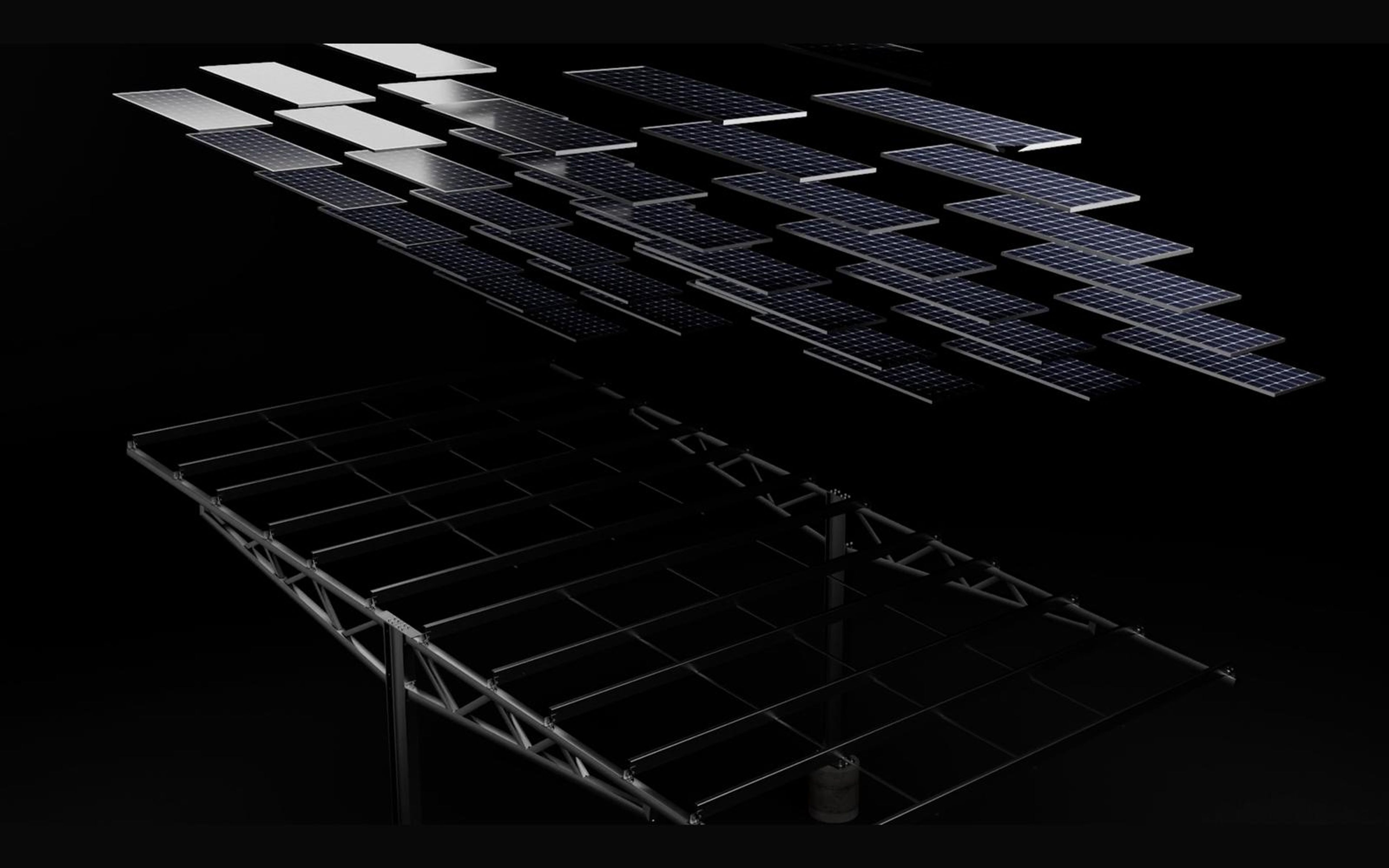 Solar panels dropping in above a canopy frame