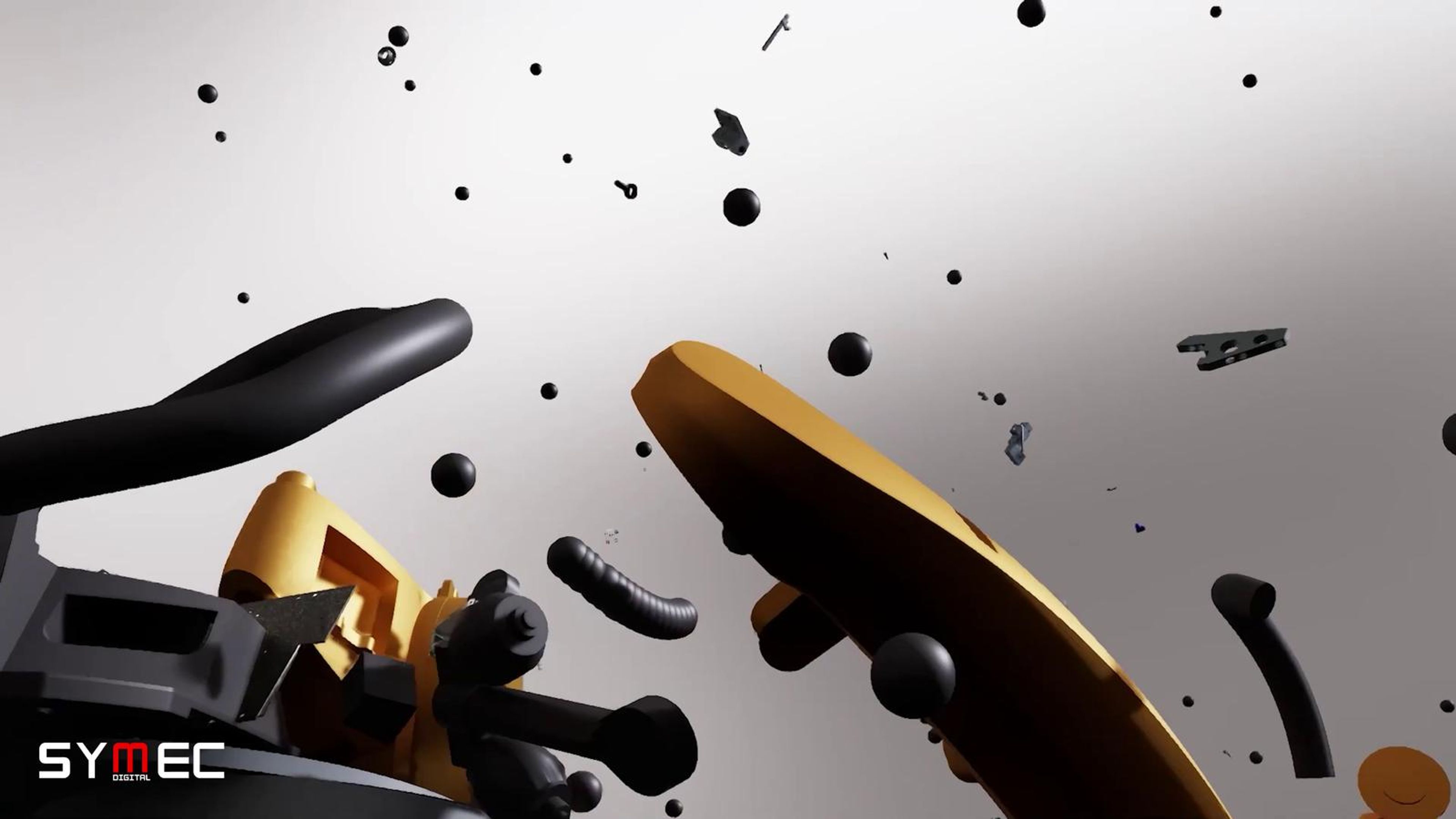 Robot arm exploding into black spheres and fragments