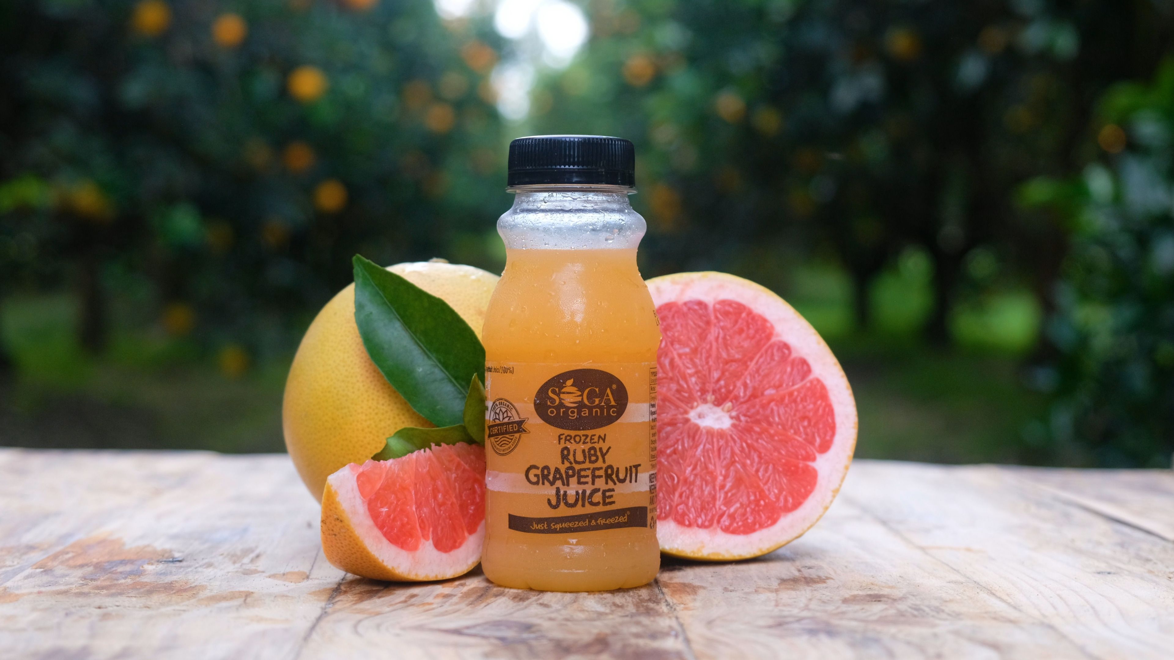 SOGA frozen ruby grapefruit juice bottle with a halved grapefruit on a wooden table in an orchard