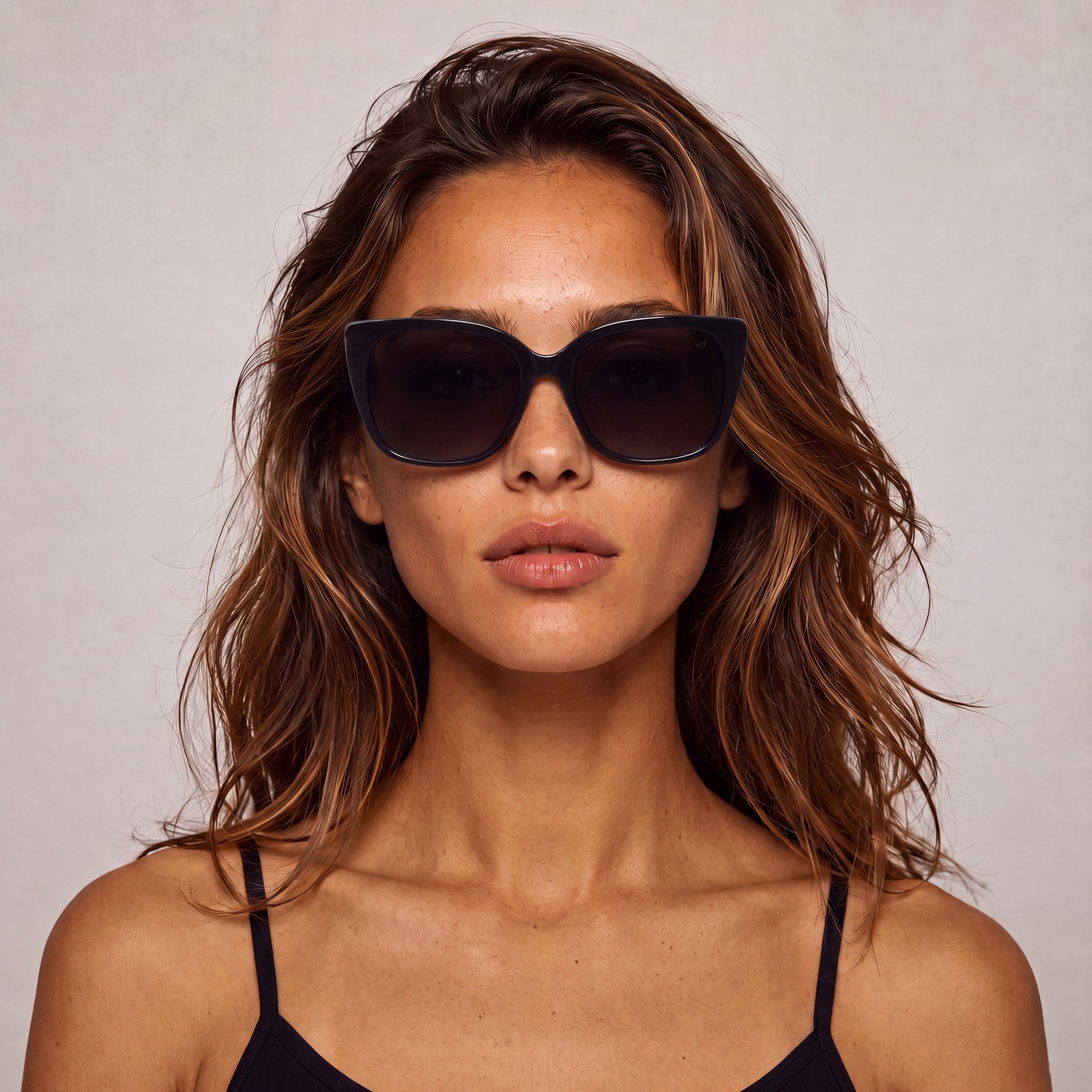 Front-facing close portrait of the Cressi character wearing her signature oversized dark sunglasses