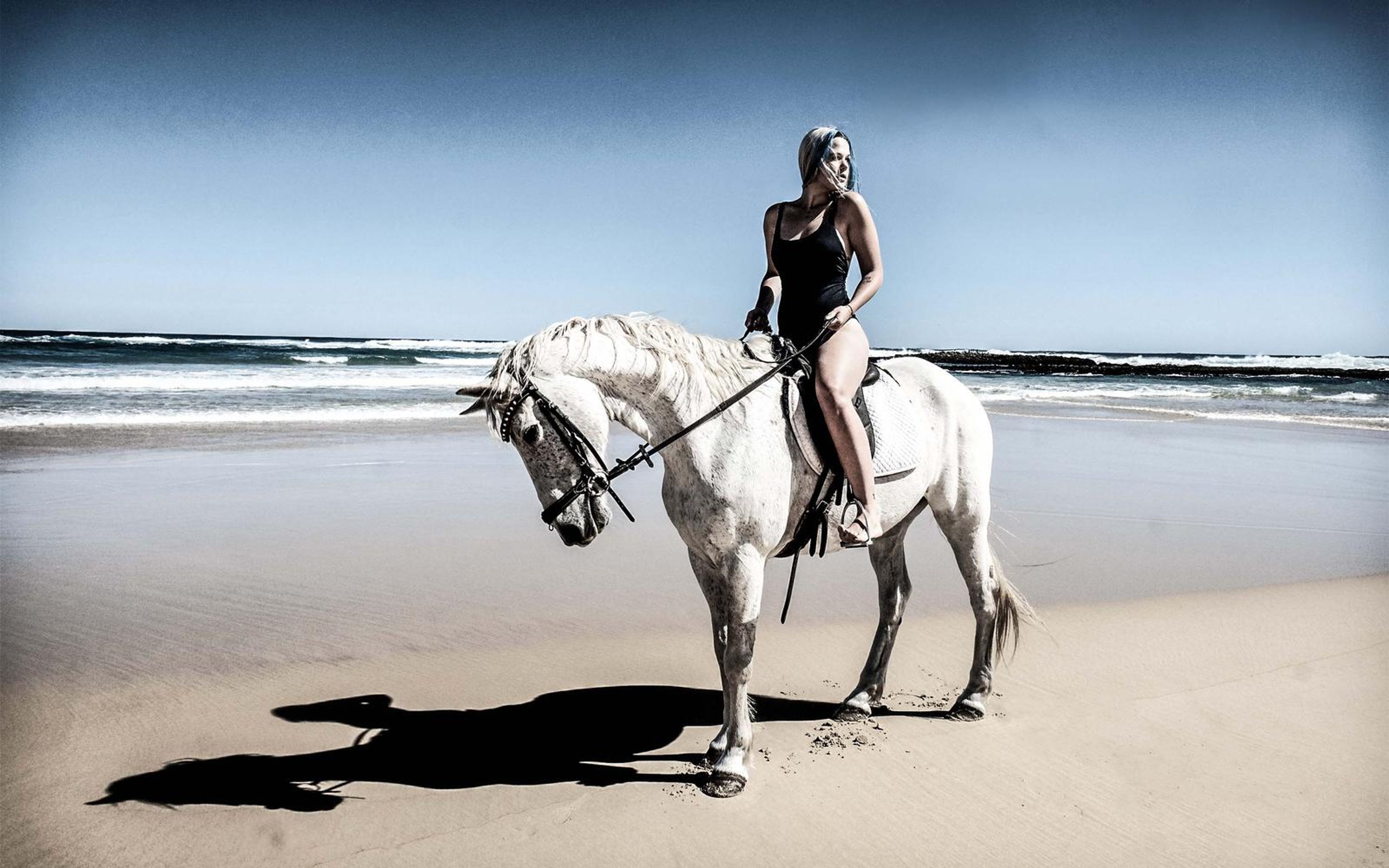 Woman riding a white horse along the shoreline under a deep blue sky, cool-toned edit
