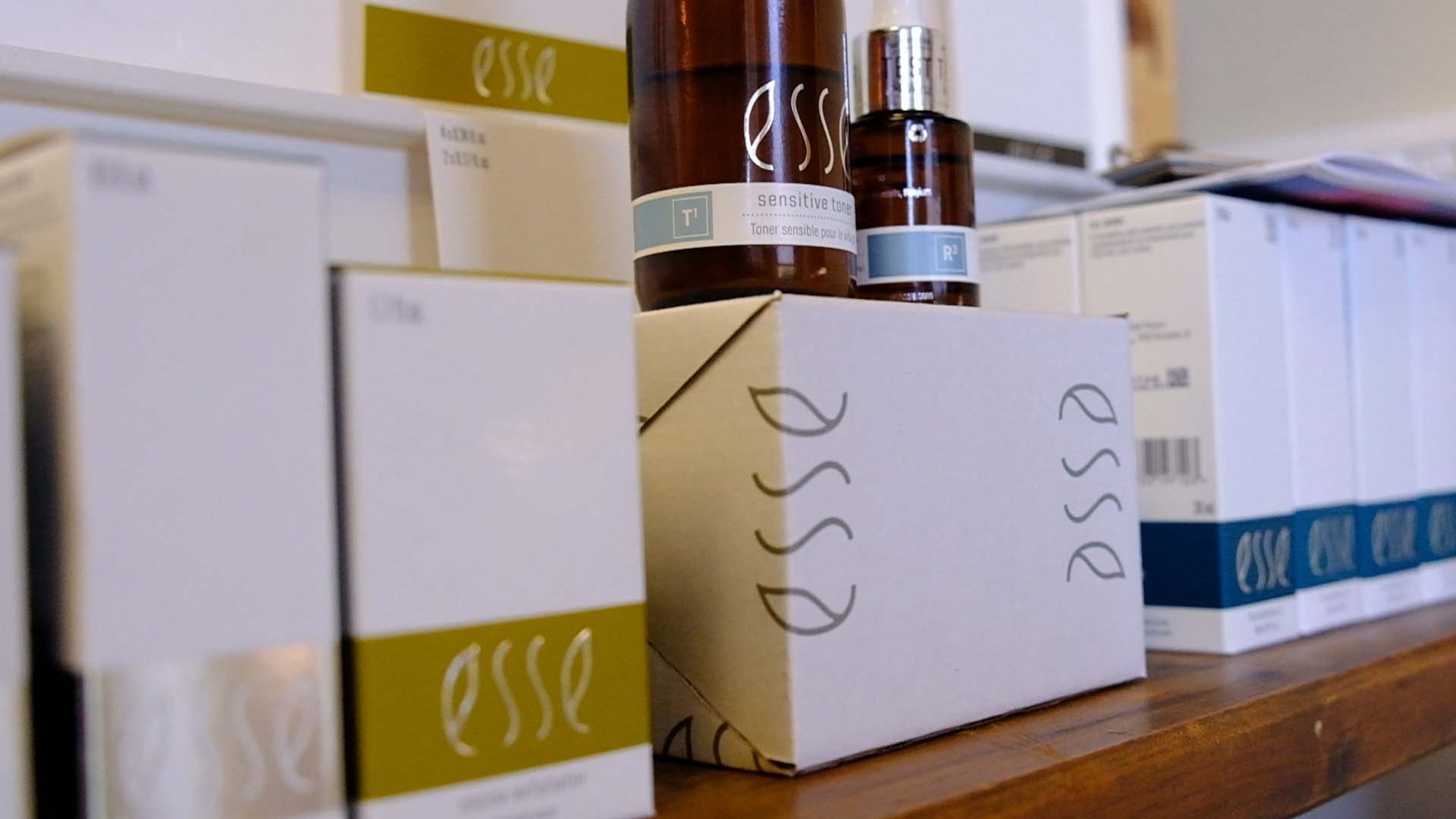 Skincare products on a shelf in the centre's wellness shop