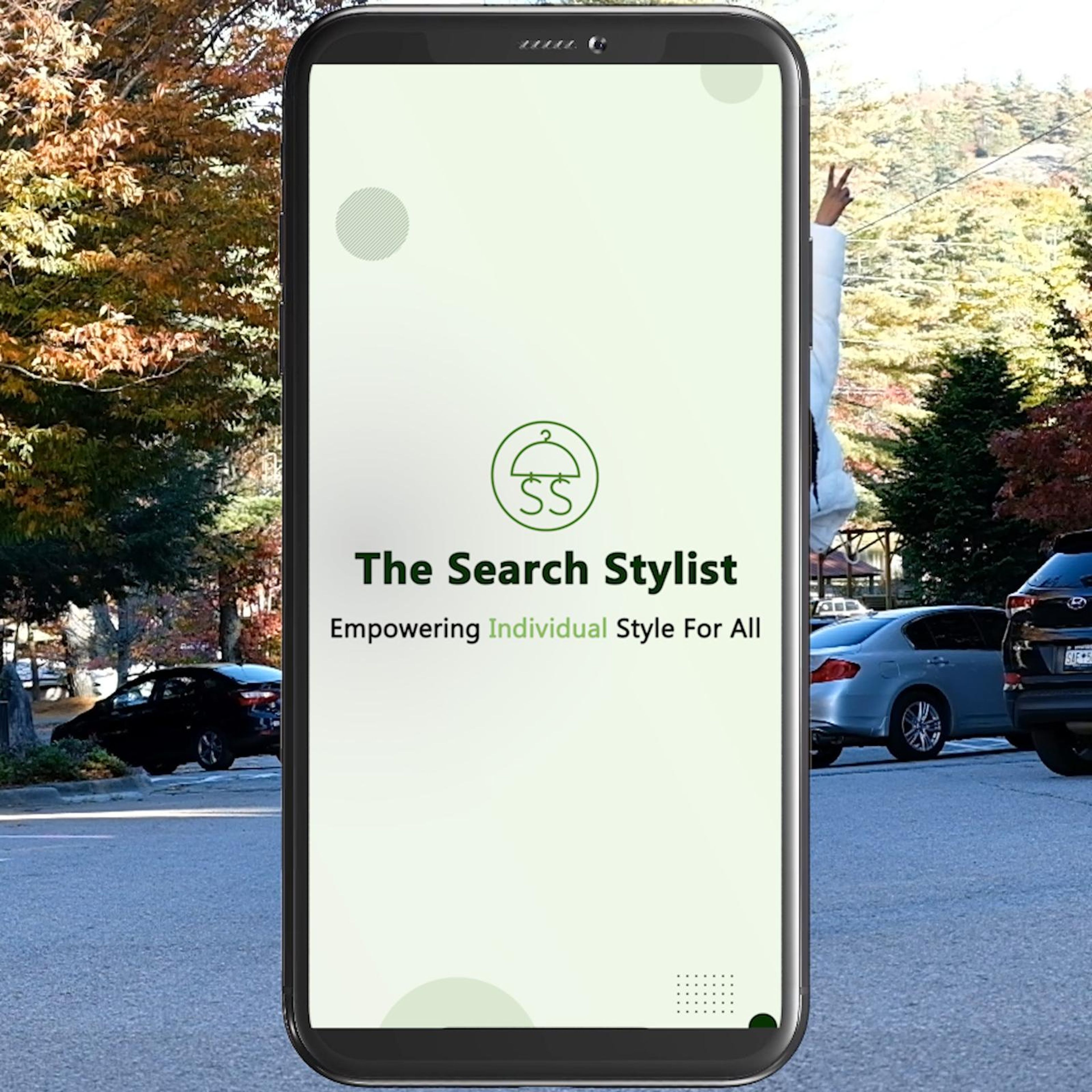 Square frame of a phone showing The Search Stylist opening screen