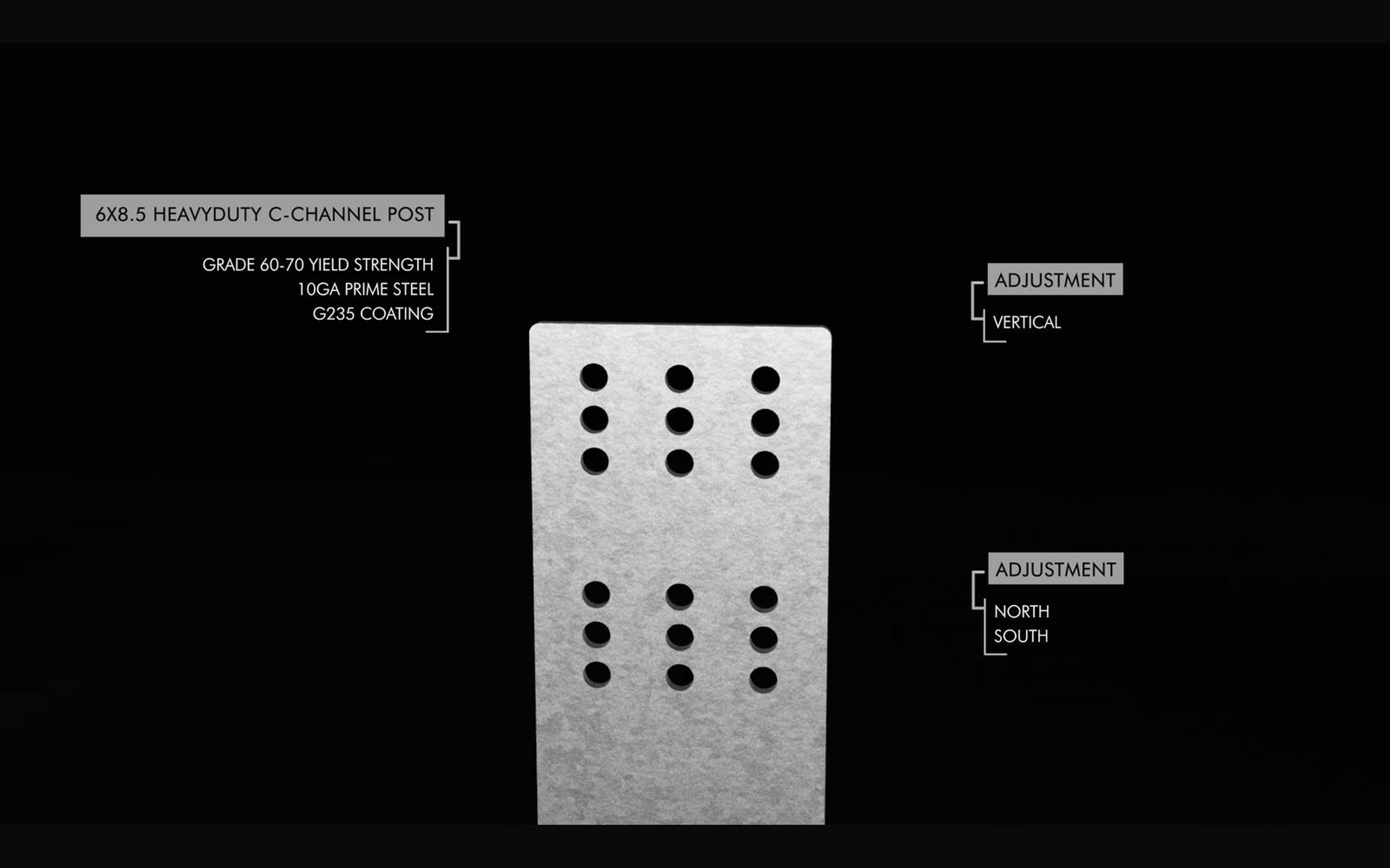Callout naming a 6x8.5 heavy duty C-channel post with adjustment notes