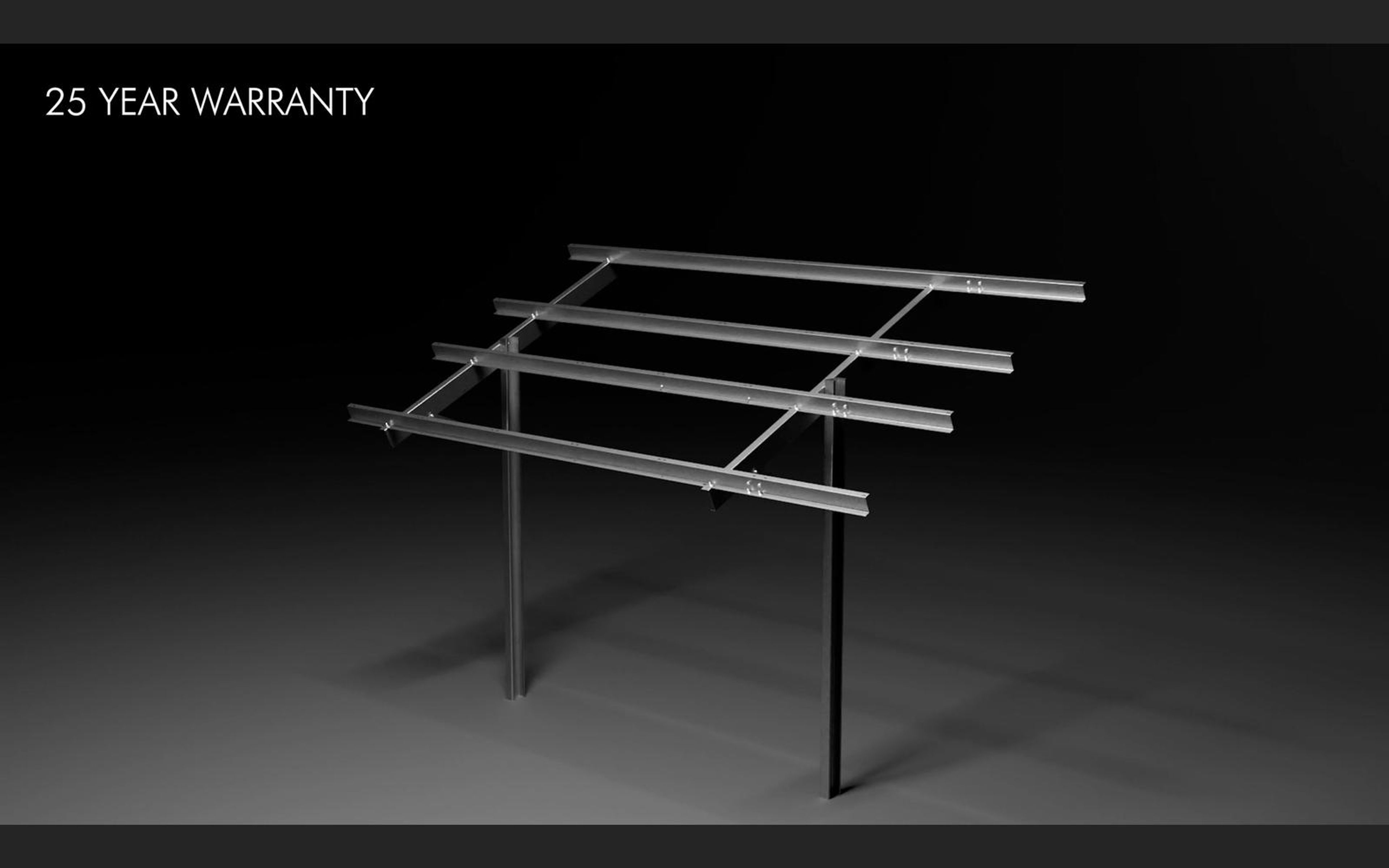 Two-post solar mounting frame with four rails and a 25 year warranty title