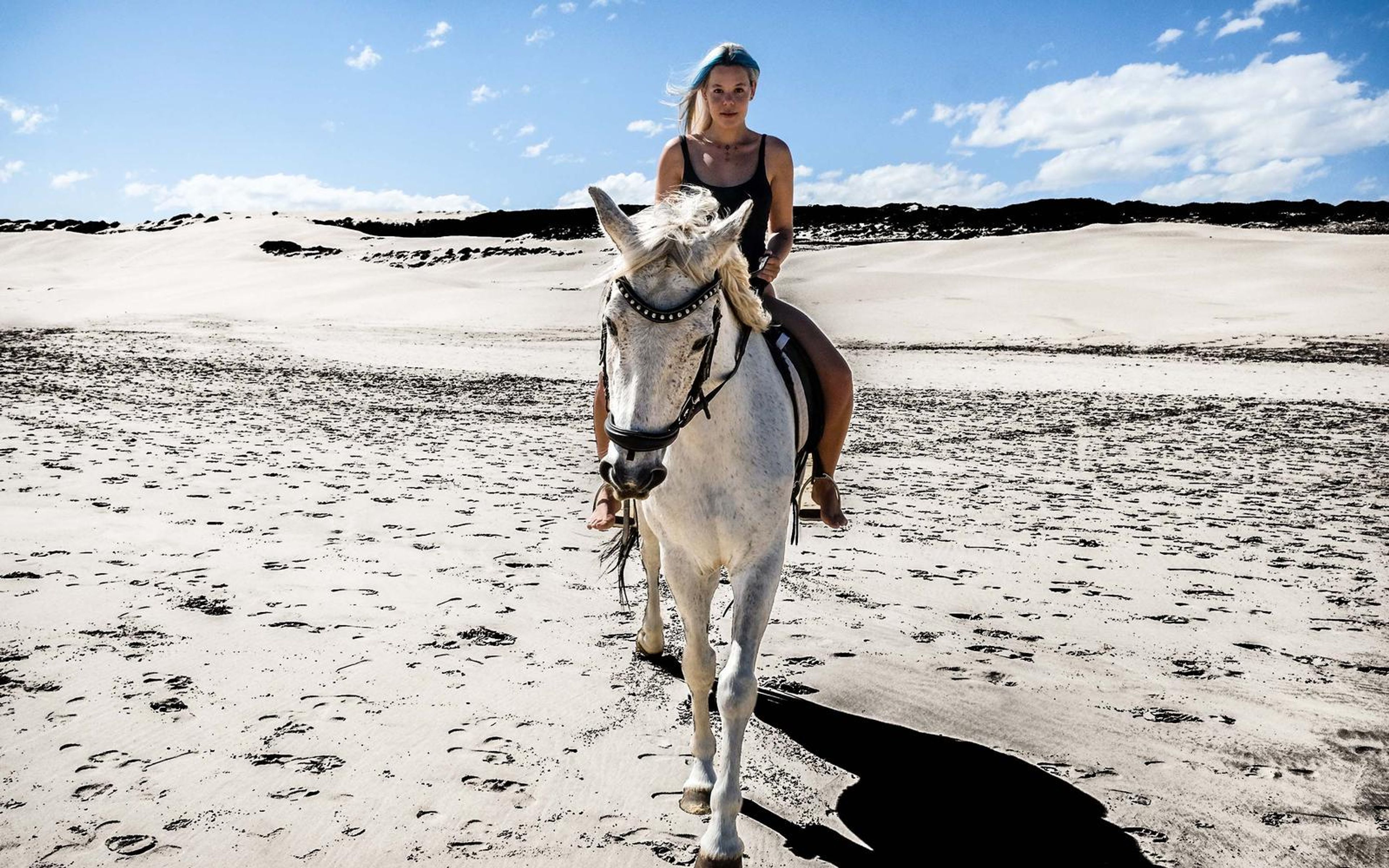 Woman riding a white horse toward the camera, high-contrast saturated edit