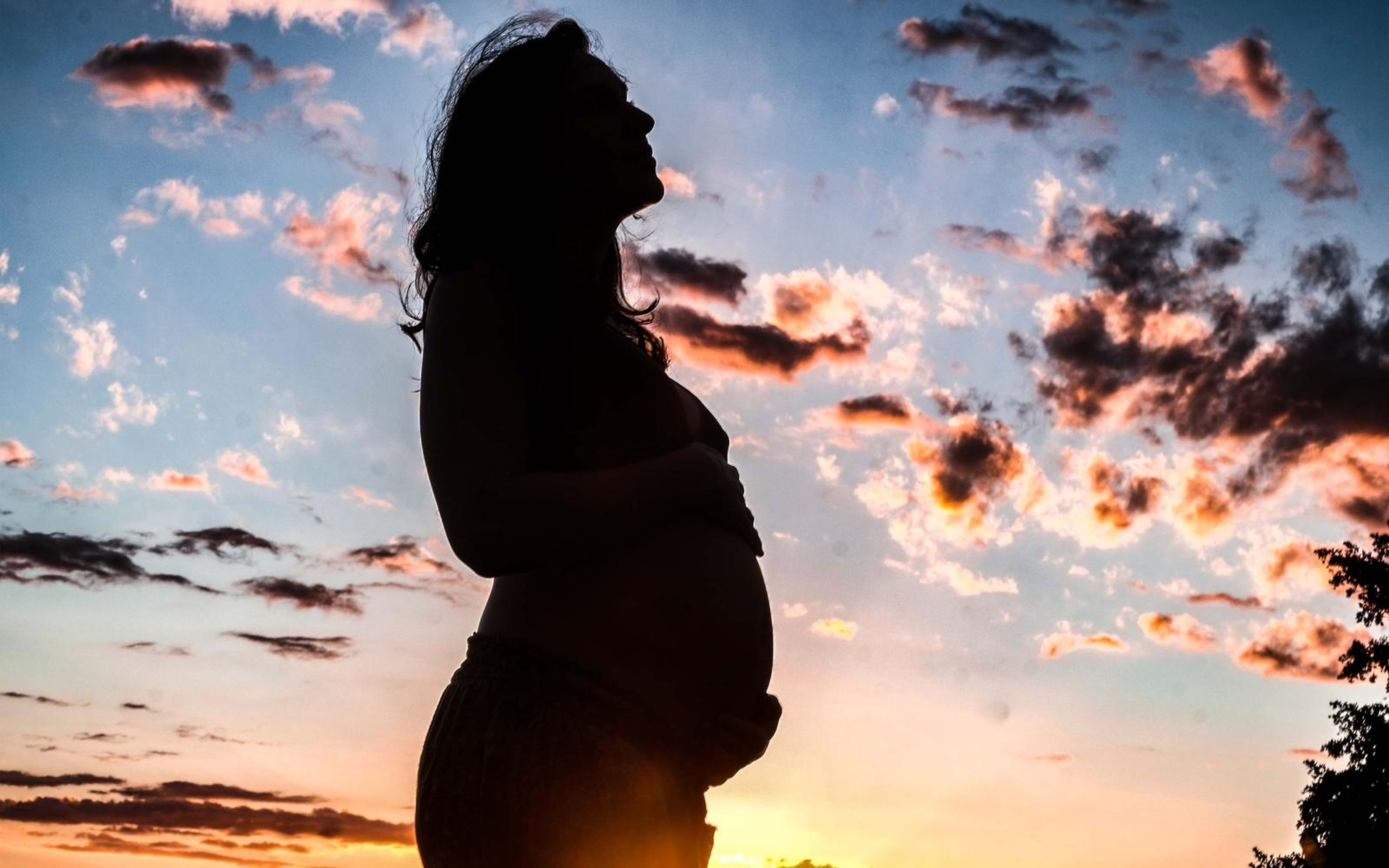 Silhouette of a pregnant woman looking upward, hands on belly, deep blue sky and rosy clouds