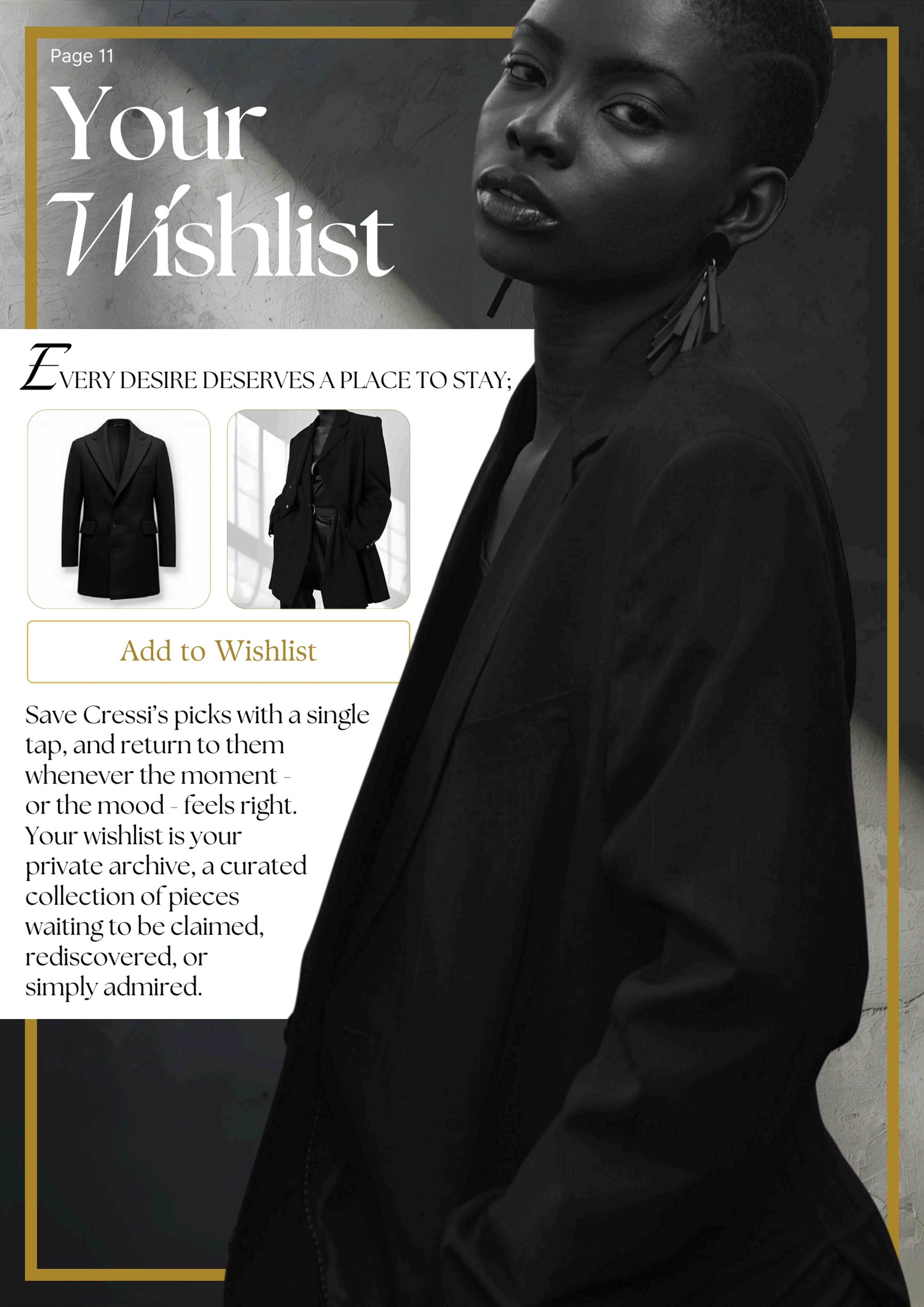 Page 11, 'Your wishlist', a black-and-white portrait with wishlist product cards and an Add to Wishlist button