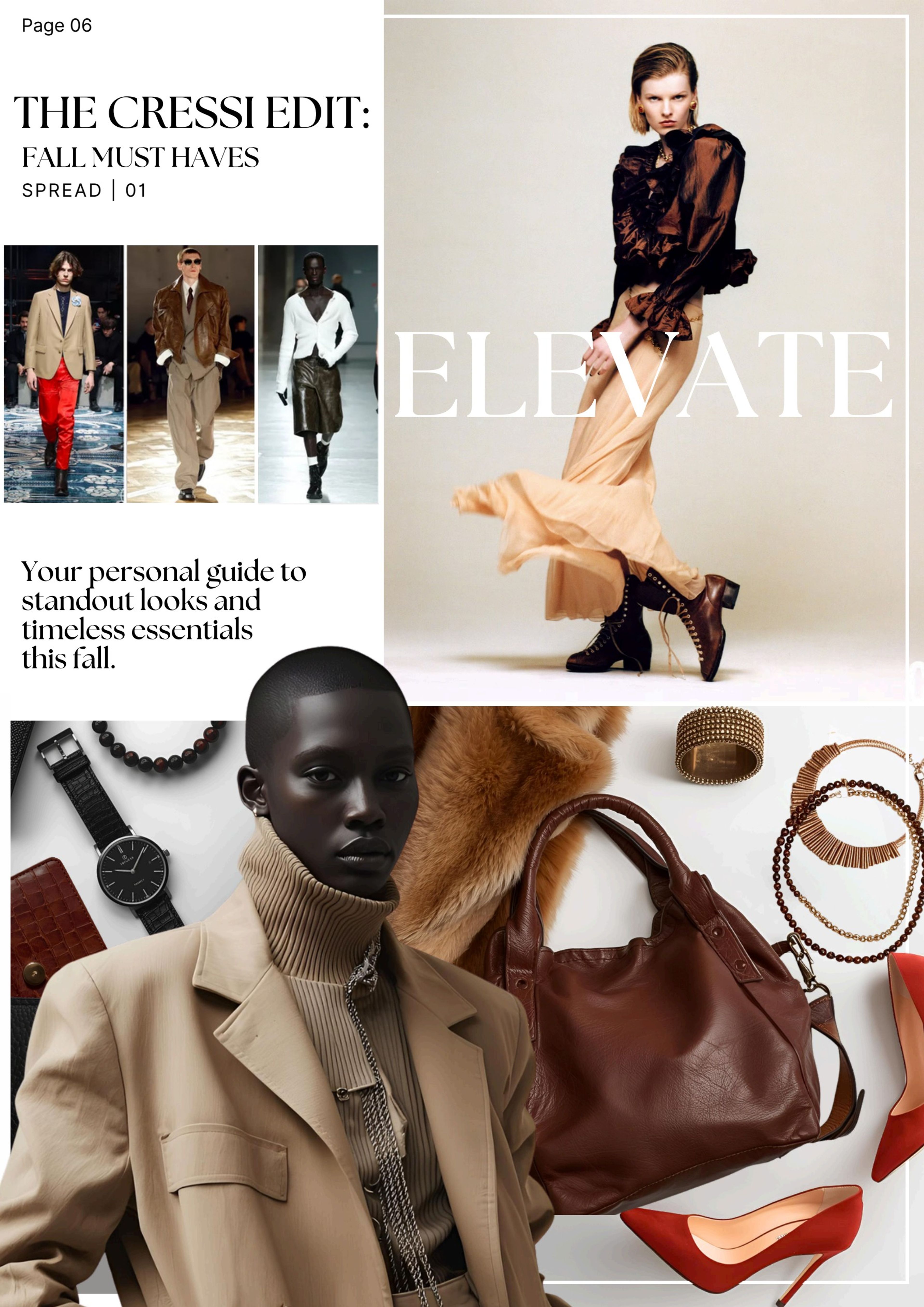 Spread 01, 'The Cressi Edit: Fall must haves', a collage of autumn outerwear and accessories with the word 'Elevate'