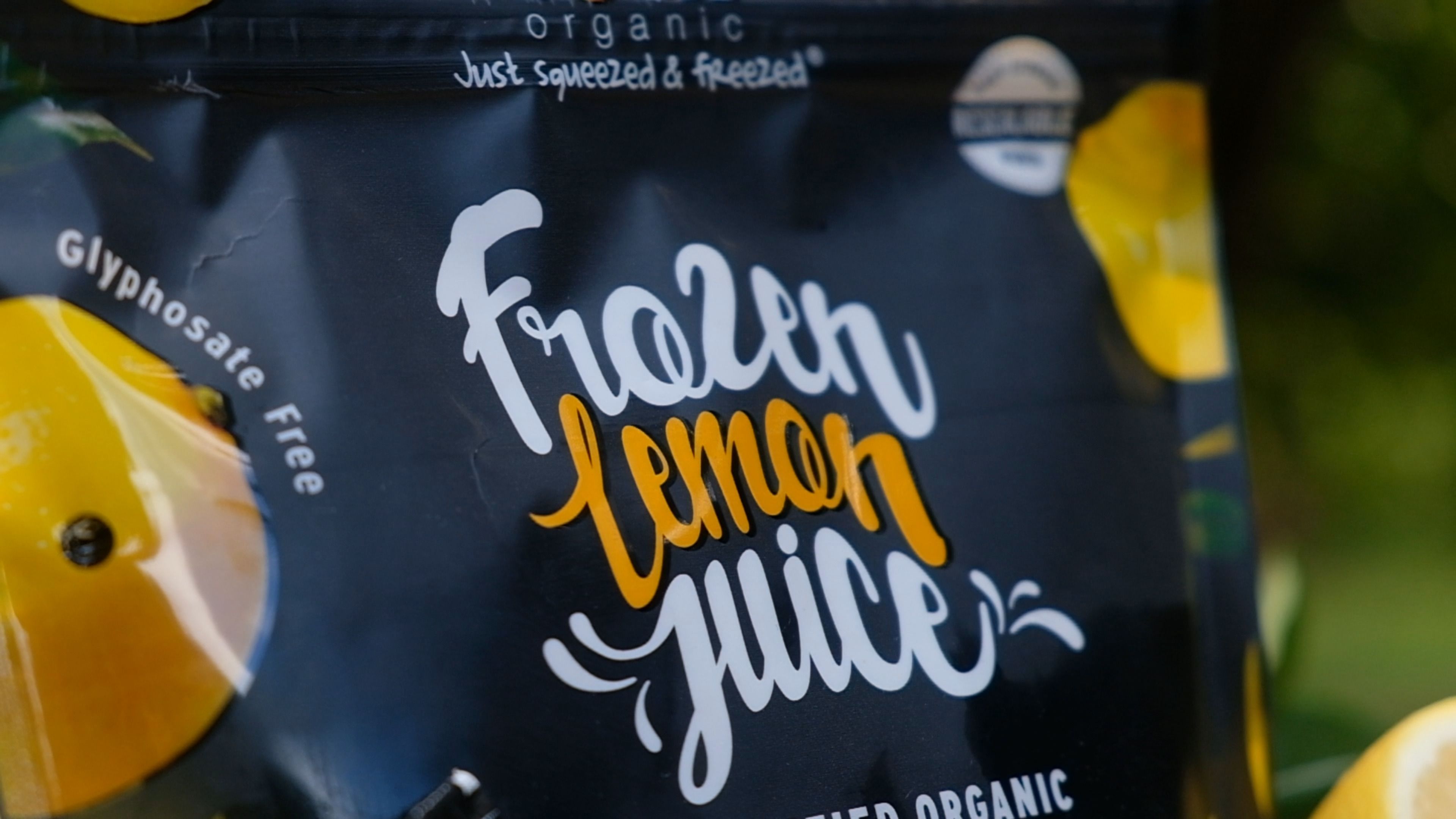 Close-up of the Frozen Lemon Juice pouch label