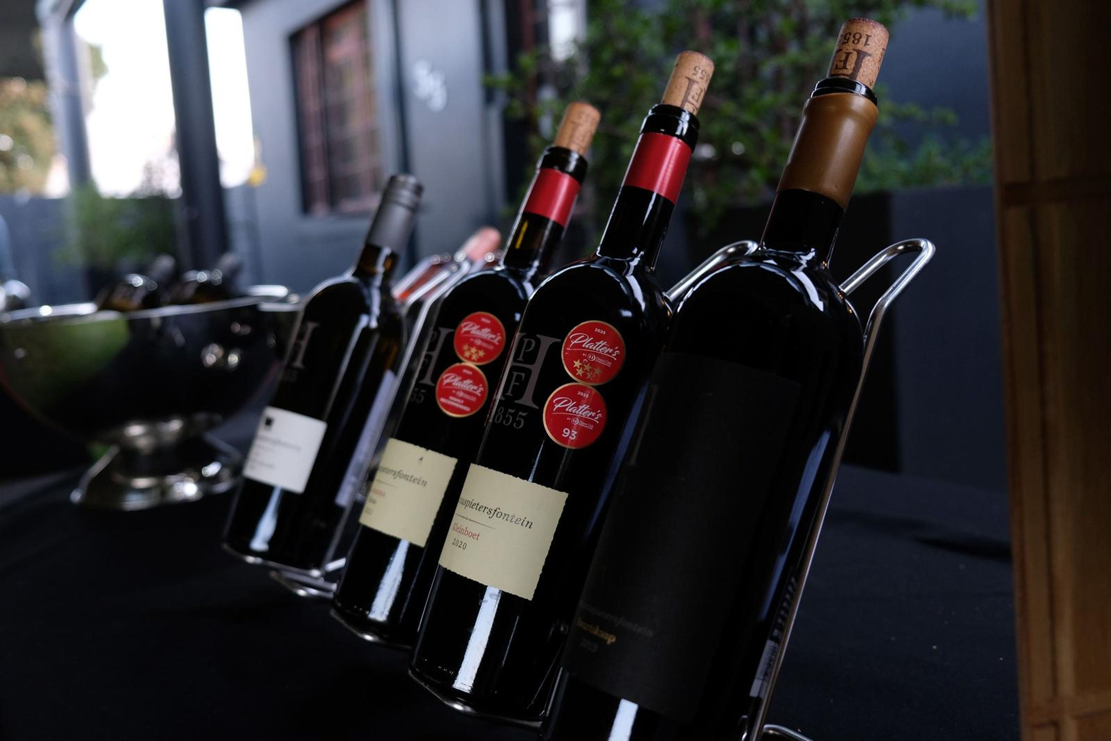 Row of red and white wine bottles on a metal rack at the tasting table