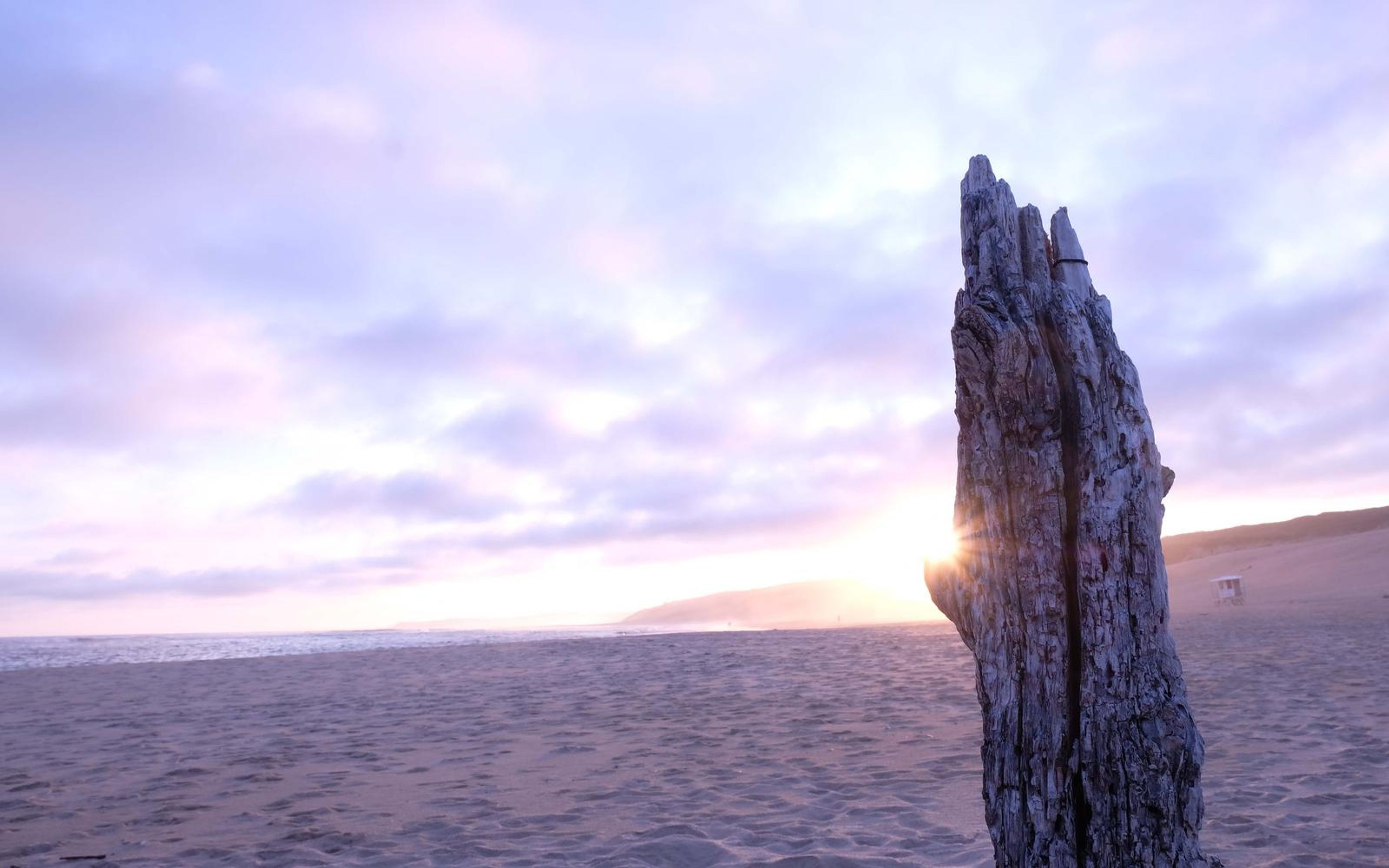 Weathered driftwood post against a cloudy pink sky with the sun behind it at dusk