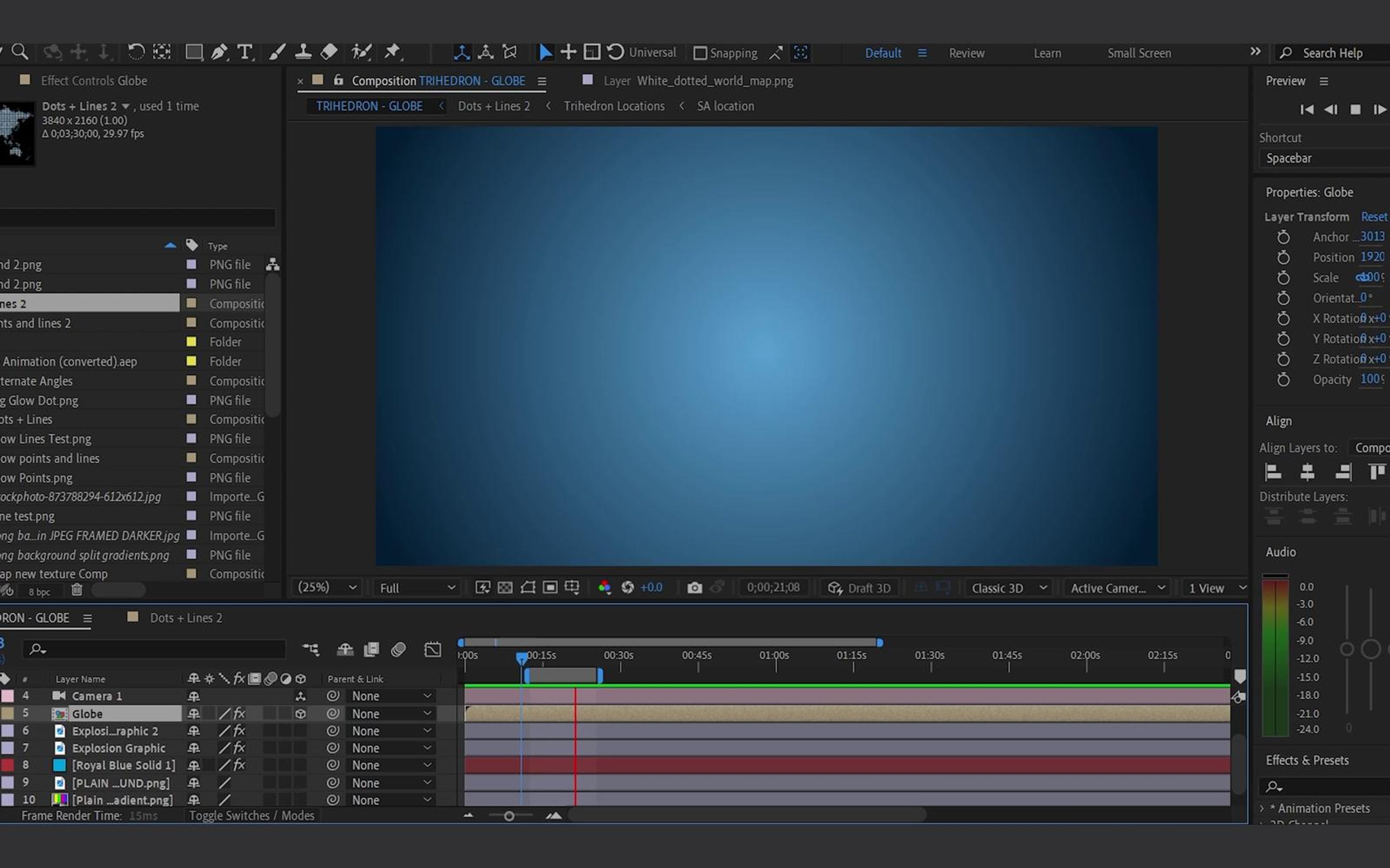 After Effects composition showing the blue gradient background layer for the globe