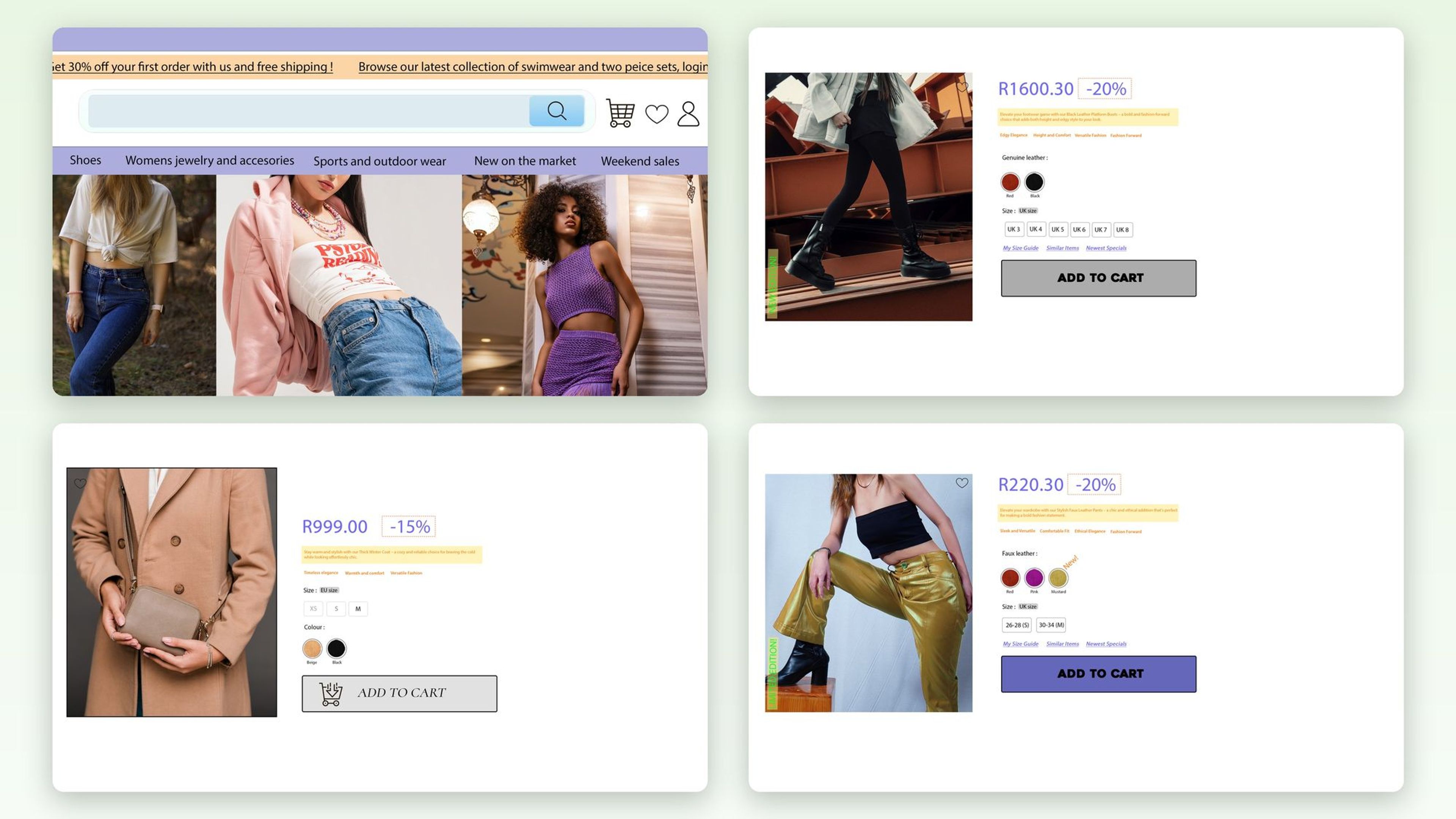 Four simulated retailer pages: a store home page and three clothing product pages