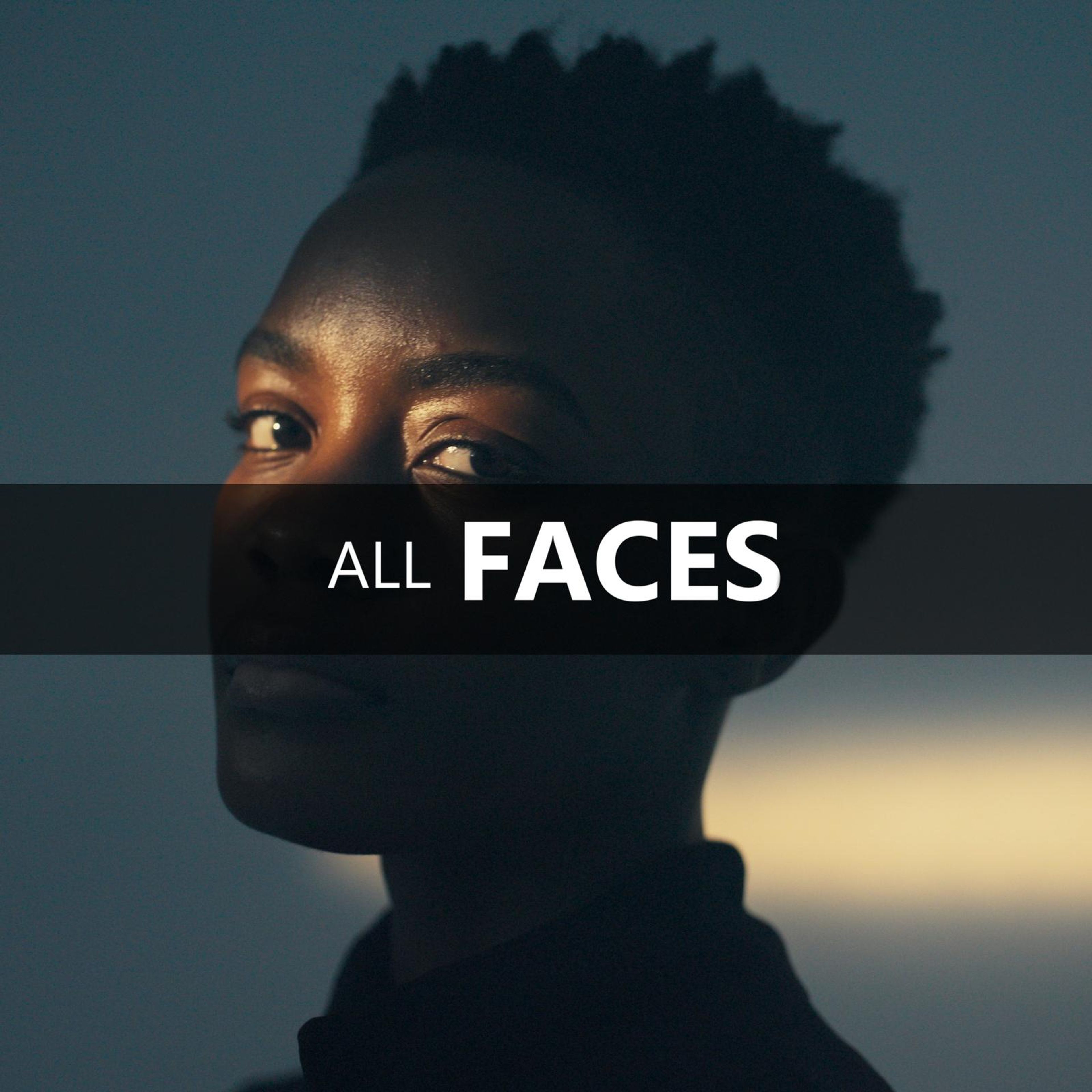Square frame with the text All Faces over a portrait