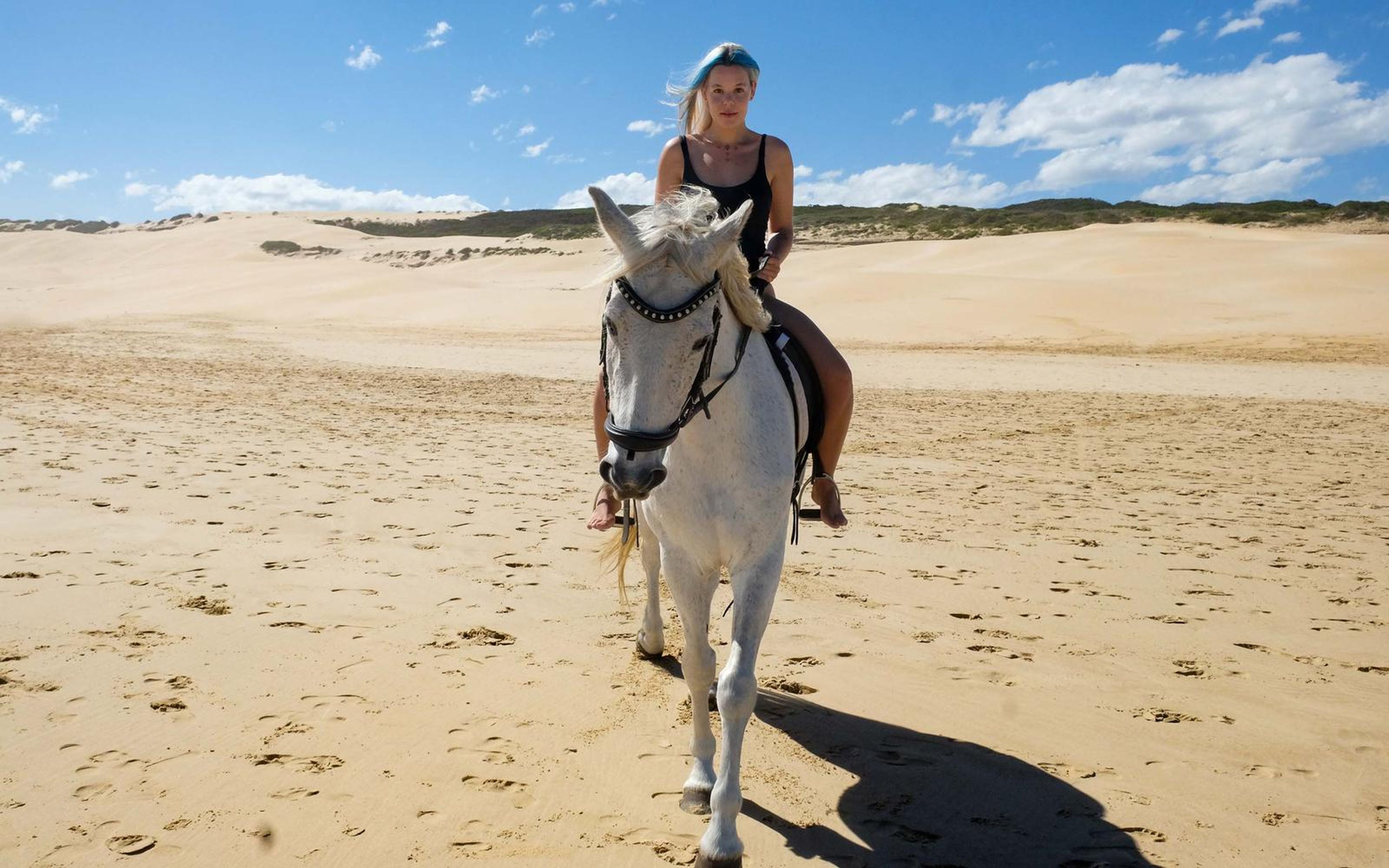 Woman laughing with her face against a white horse's bridled head, ocean and dunes behind
