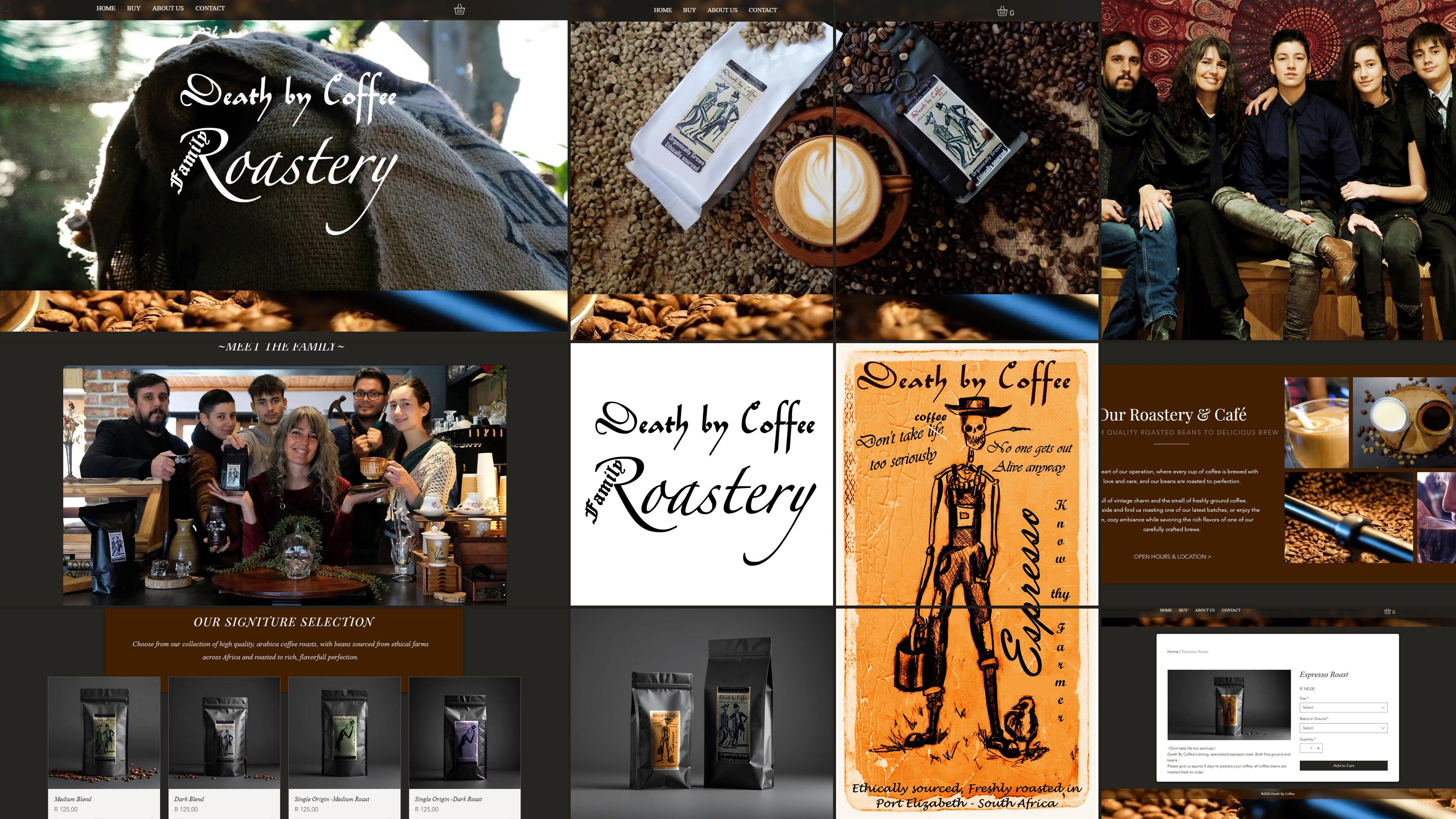 Death By Coffee website revamp, collage of the new site pages, logo and label art