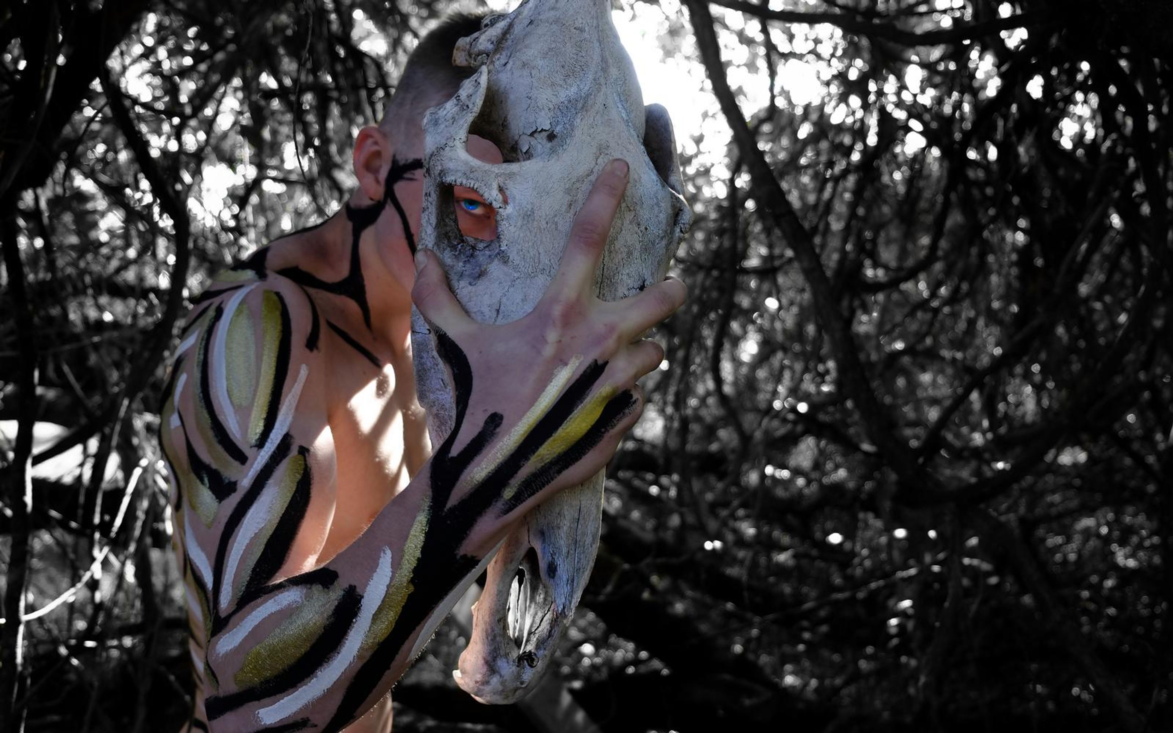 Skull-faced figure with striped body paint among black and white branches in a high definition crop