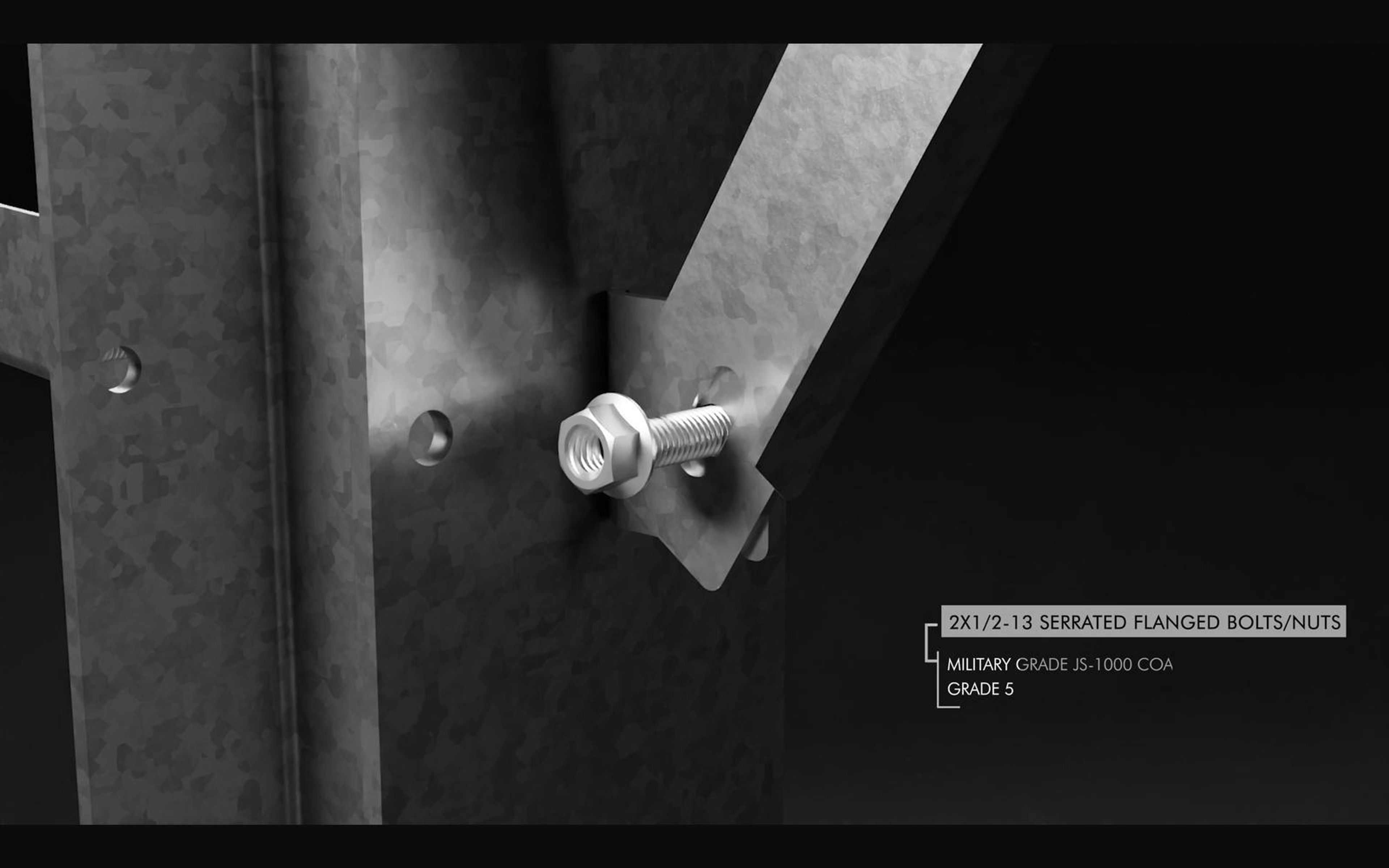 Close view of a serrated flanged bolt on a strut bracket