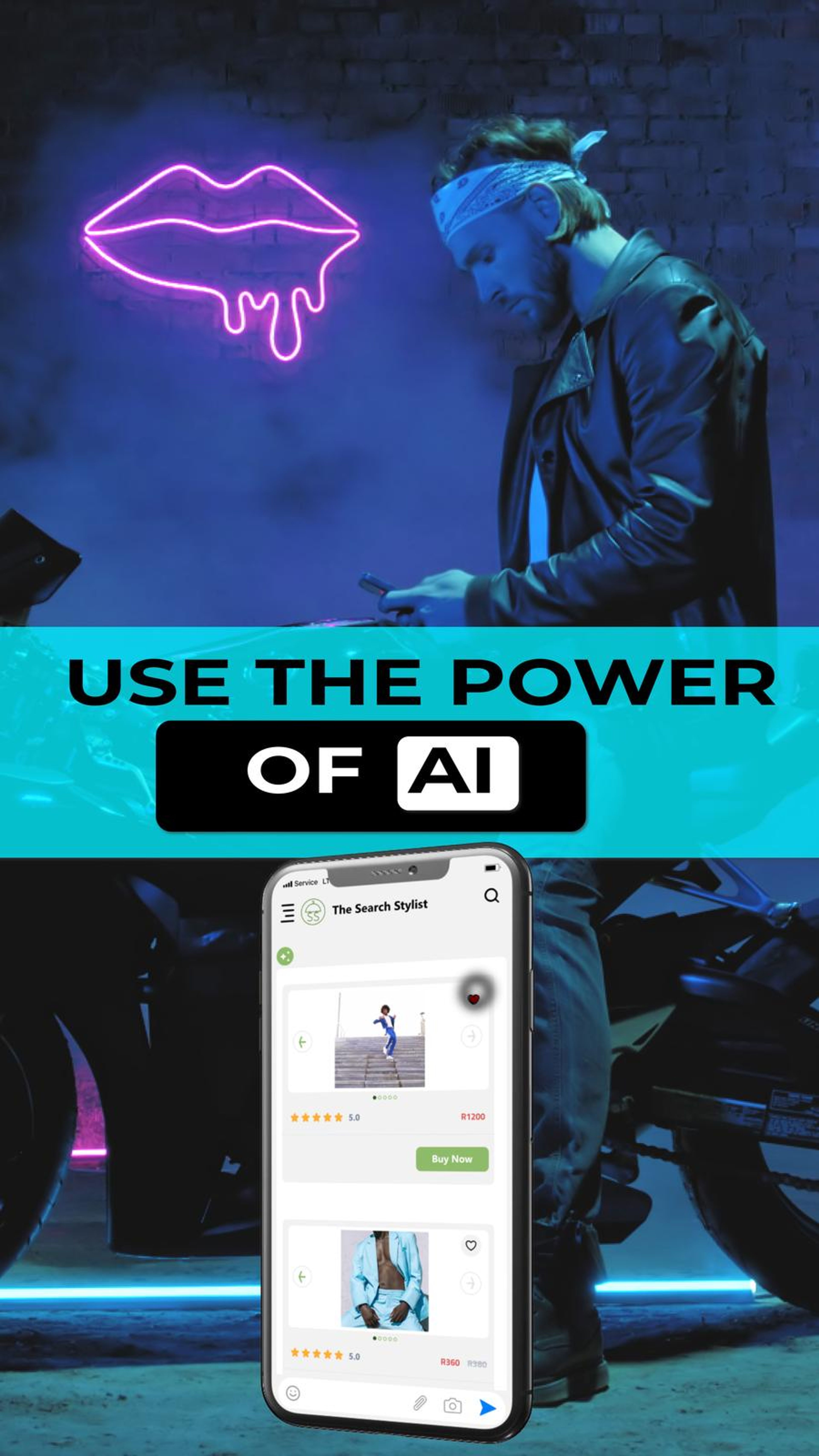 Vertical frame with the text Use The Power Of AI above a phone showing the app, on a neon blue background