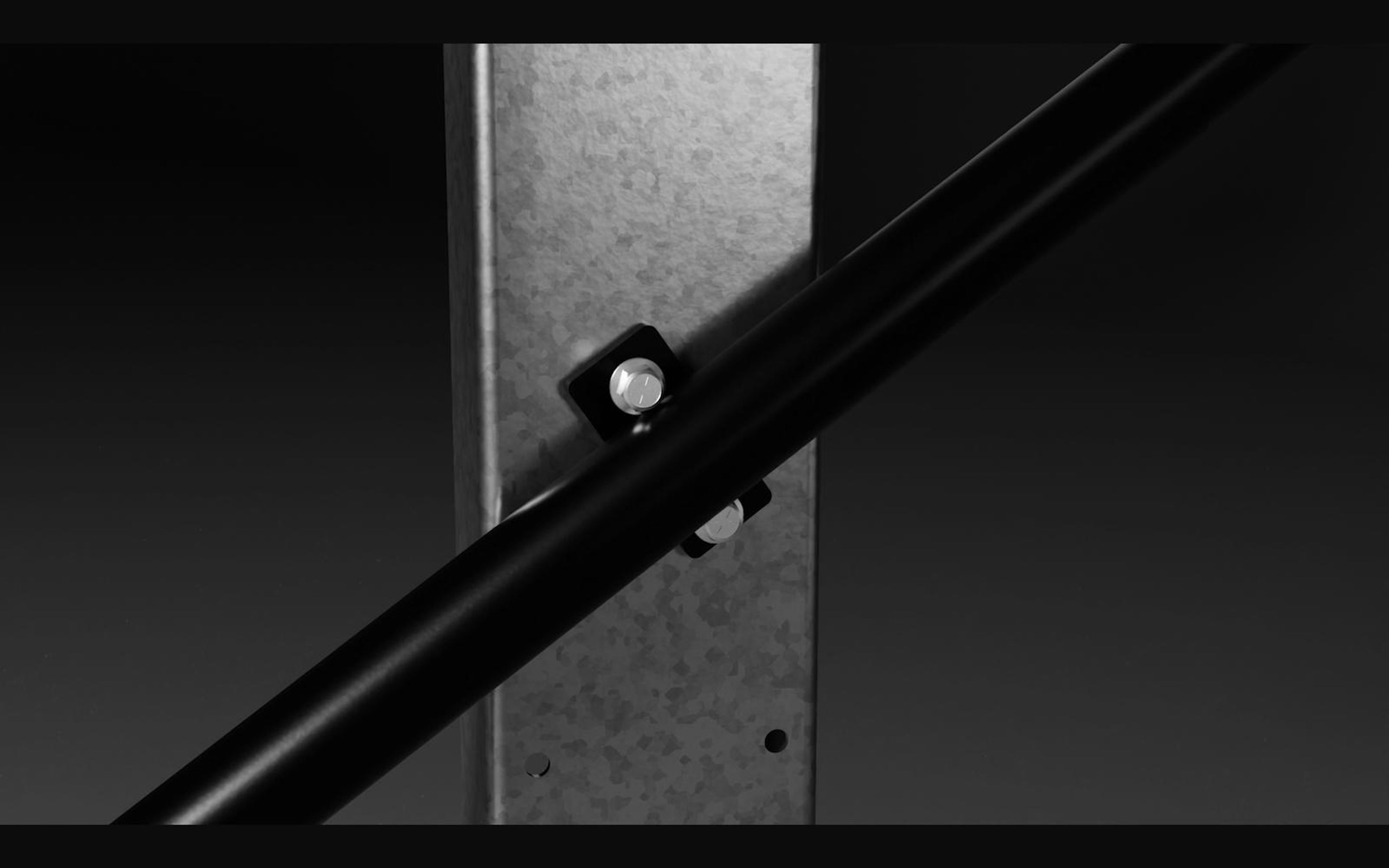 Black pivot arm bolted to a galvanised post