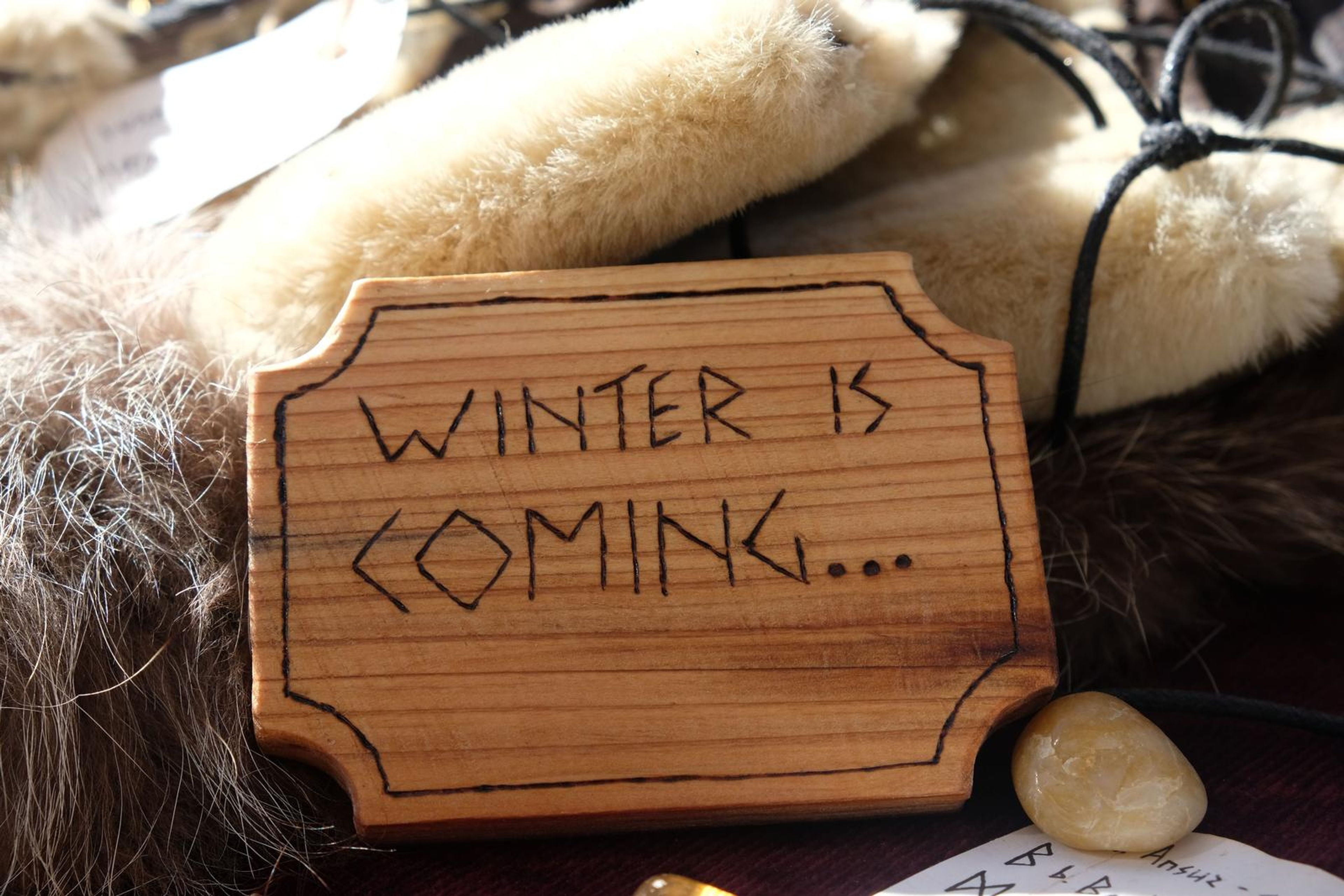 Winter Is Coming wooden sign resting on fur-lined leather arm wraps
