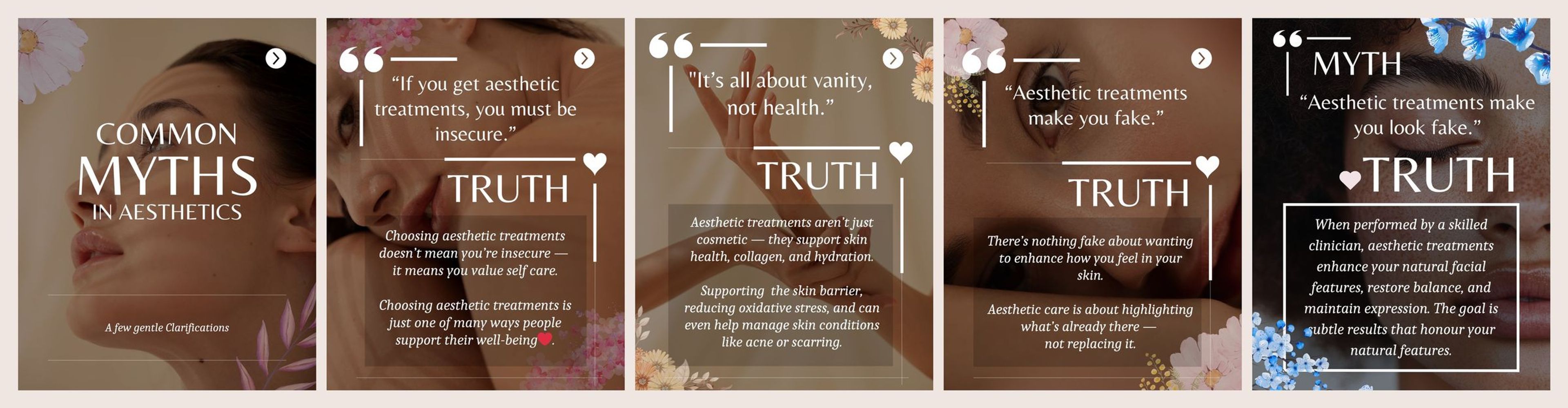 The five slides of the Common Myths in Aesthetics carousel