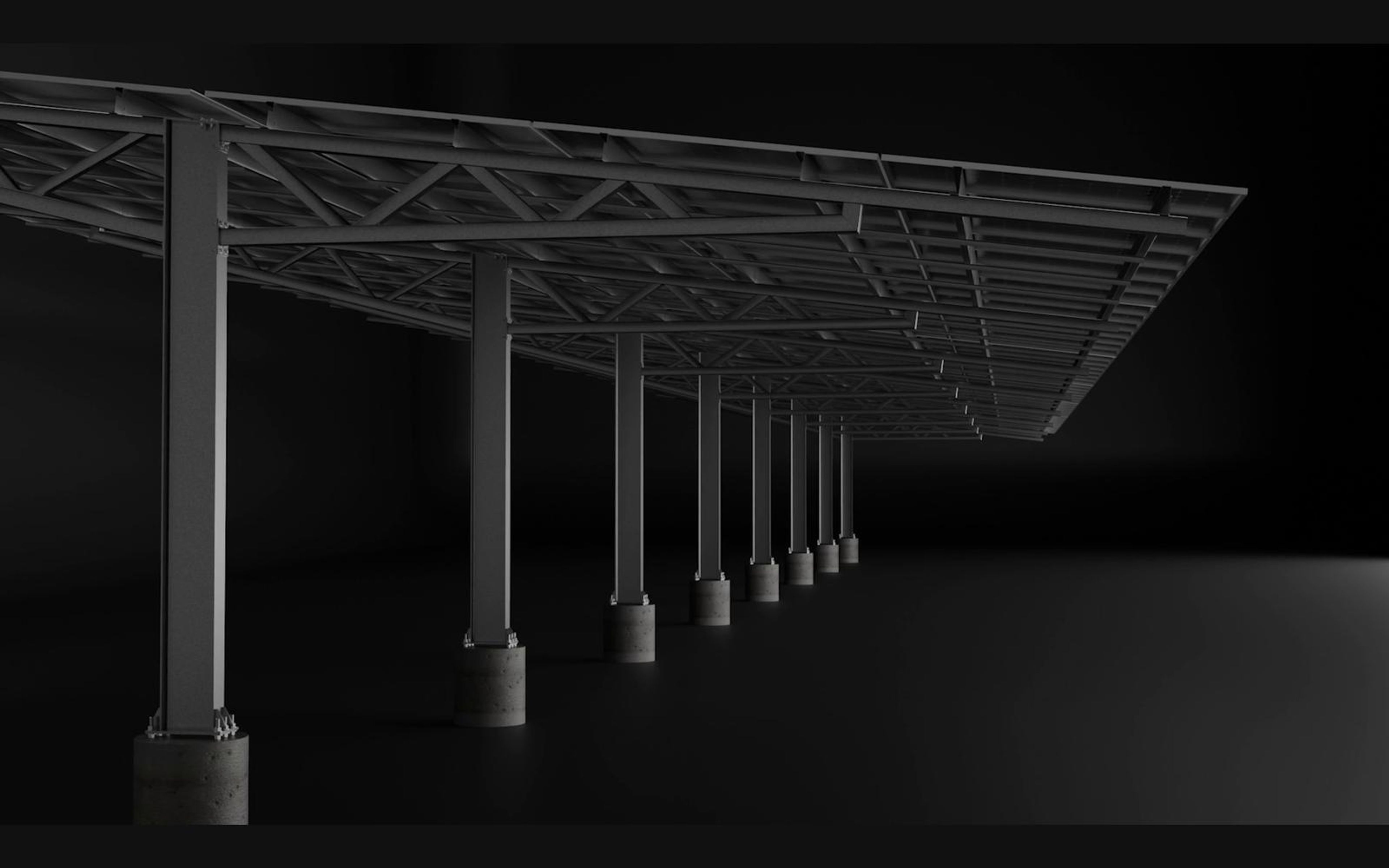 Long solar carport colonnade with a truss roof
