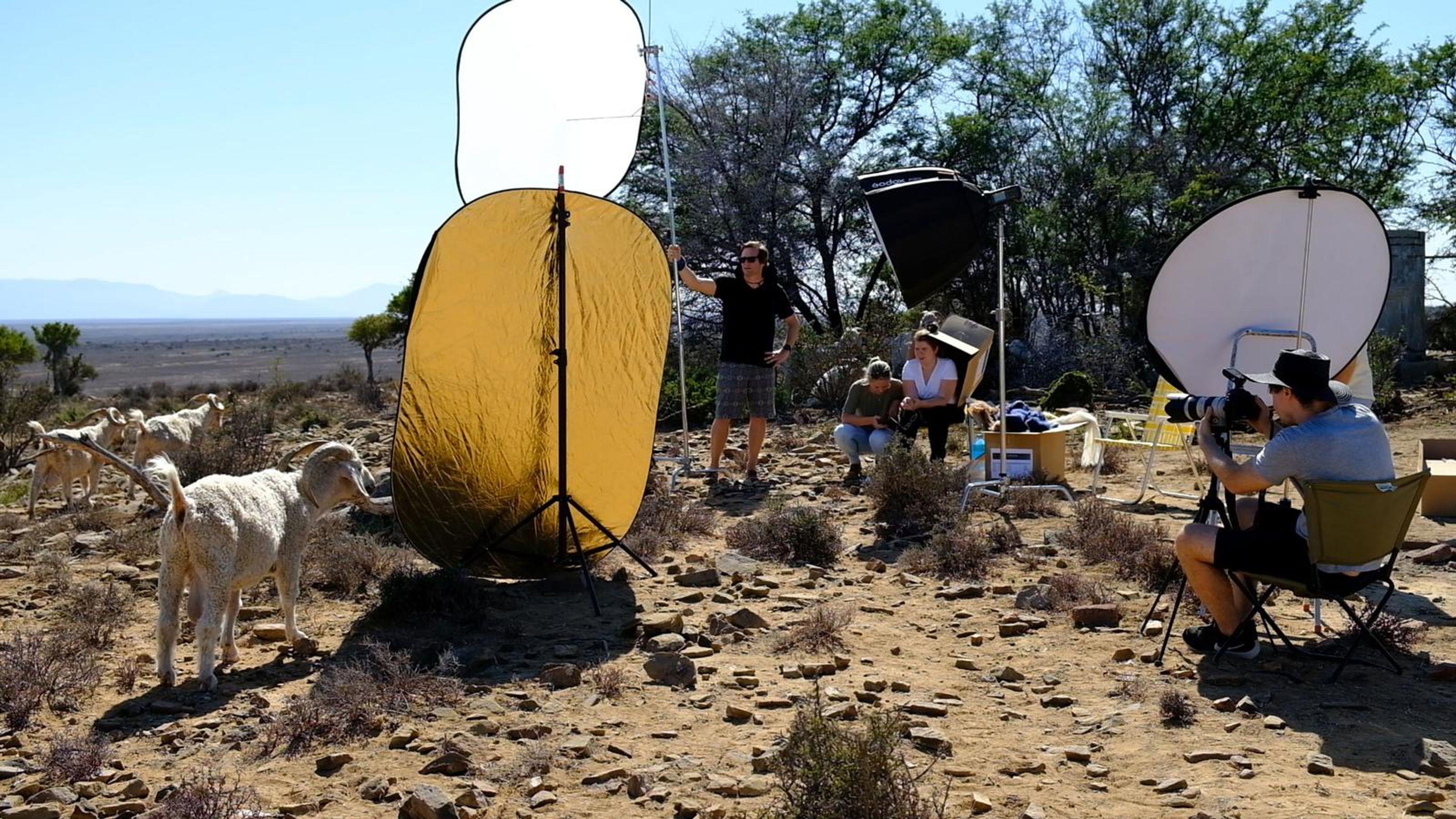Camp on the veld with reflectors, a softbox and Angora goats nearby