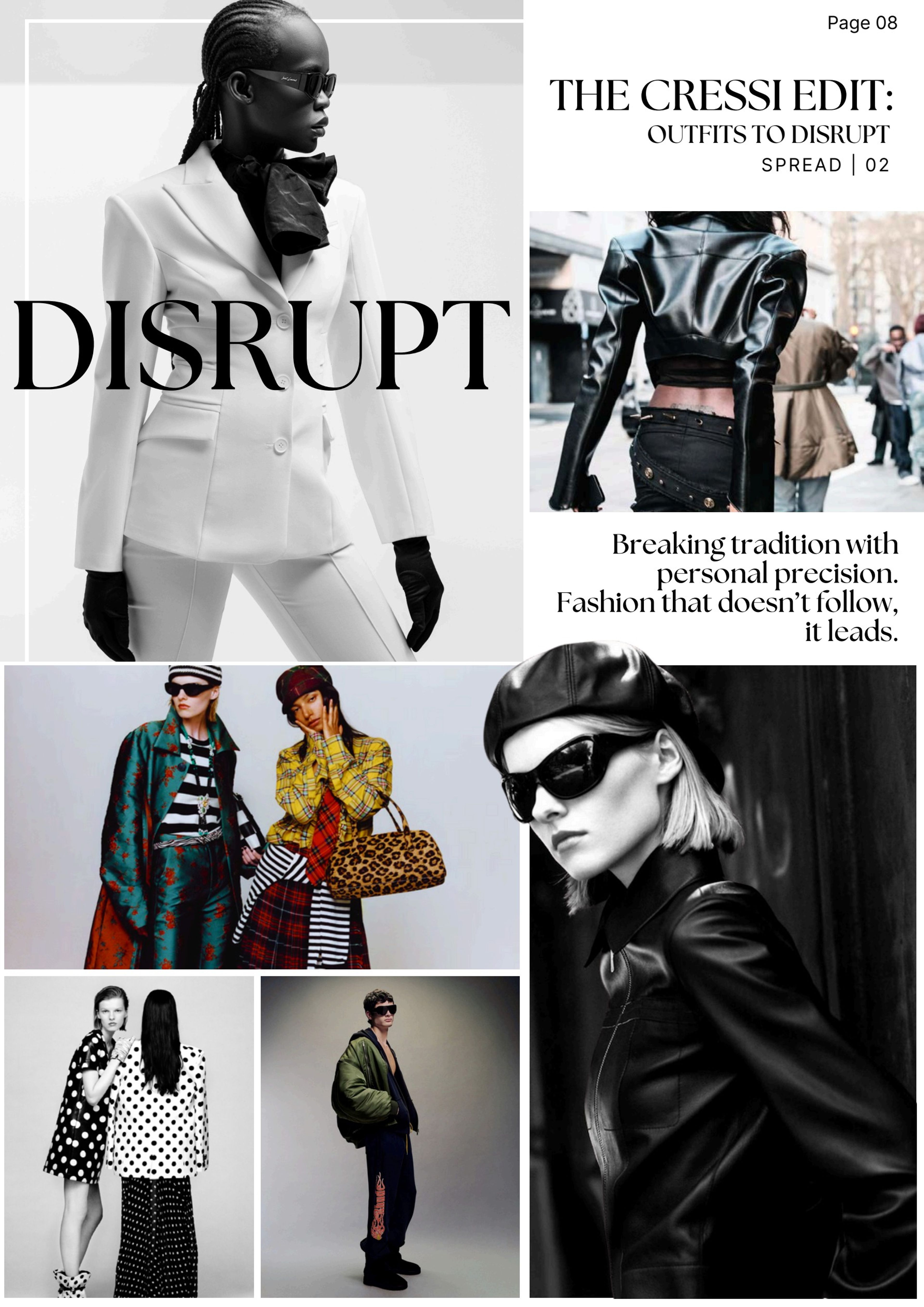 Spread 02, 'The Cressi Edit: Outfits to disrupt', a black-and-white collage with the word 'Disrupt'