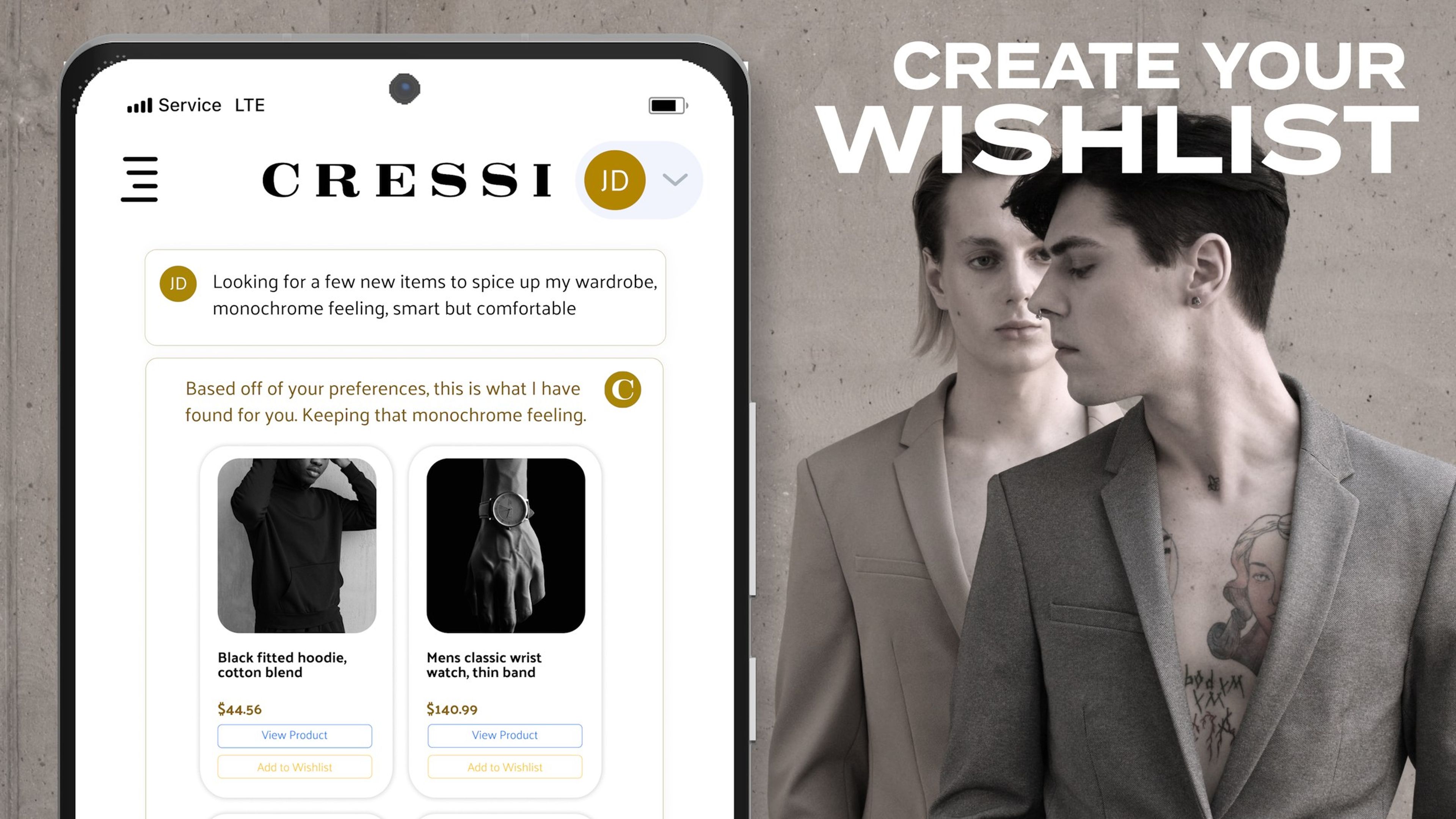 Two men in grey suits with the text 'Create your wishlist' and the CRESSI wishlist on a phone