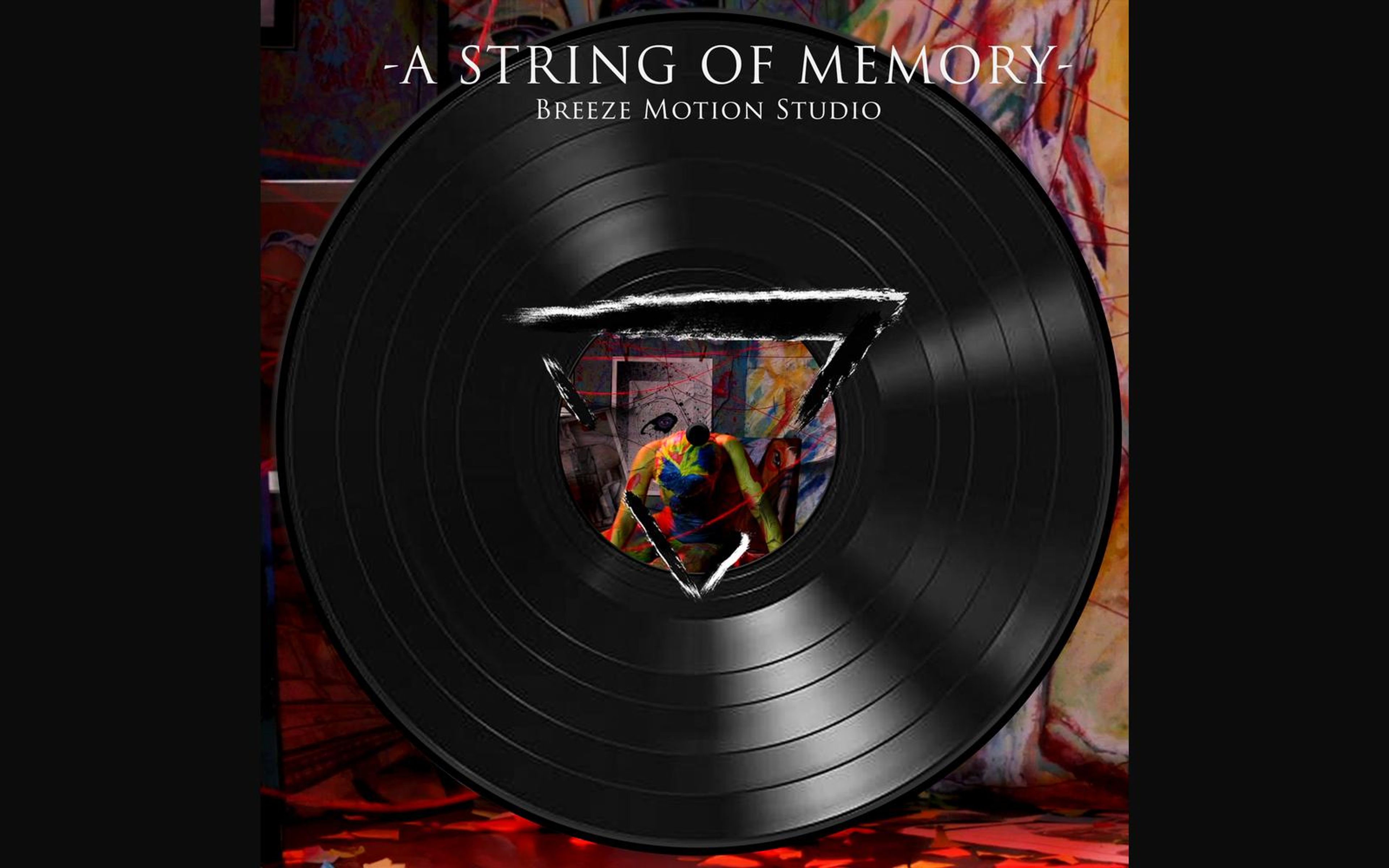 Black vinyl record graphic with a triangular cut-out showing the painted figure and red threads, titled A String Of Memory