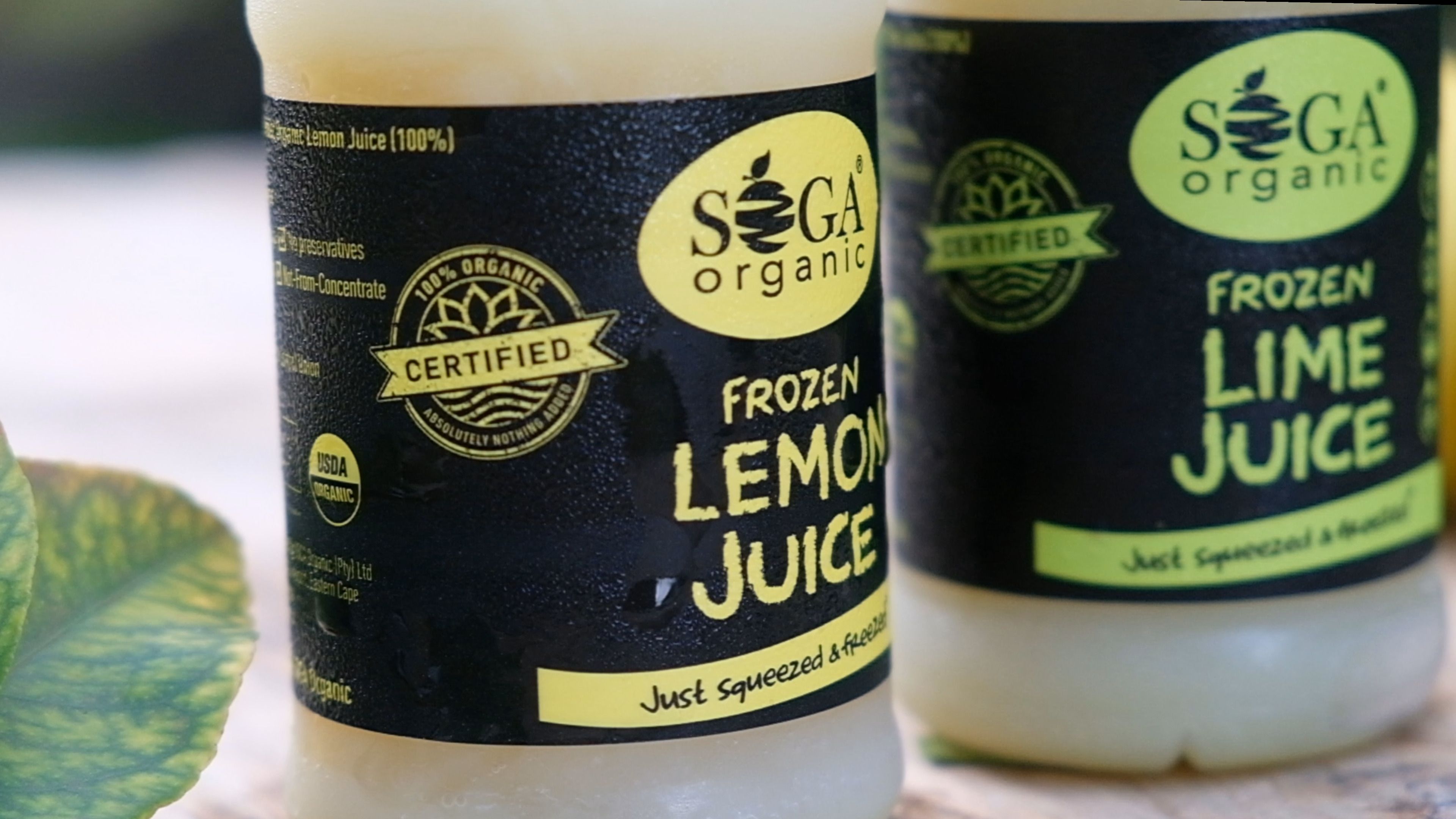 SOGA Organic frozen lemon juice and lime juice bottles with certified organic labels