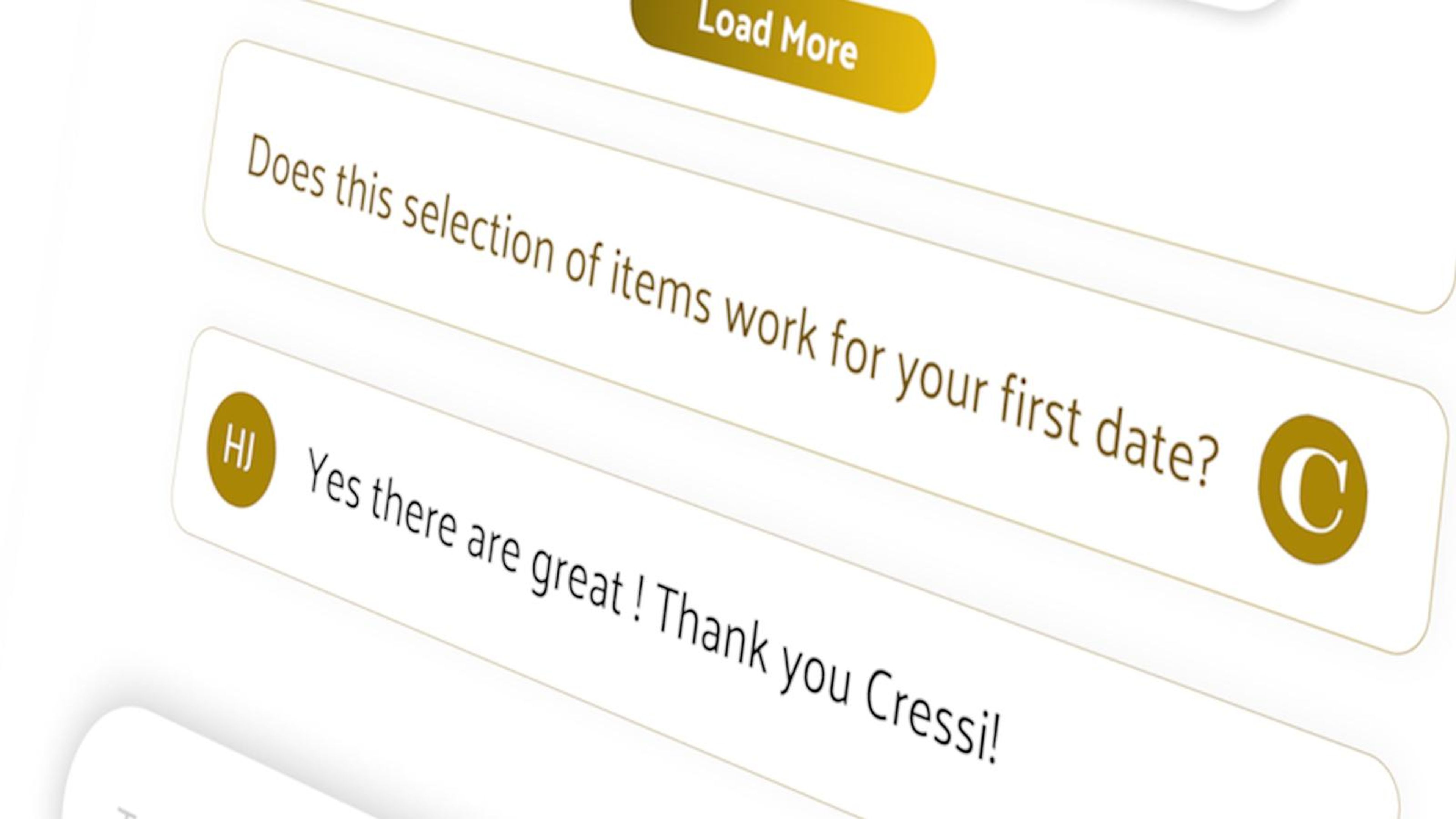 Tilted close-up of the CRESSI chat asking whether the selection works for a first date, with the reply thanking Cressi