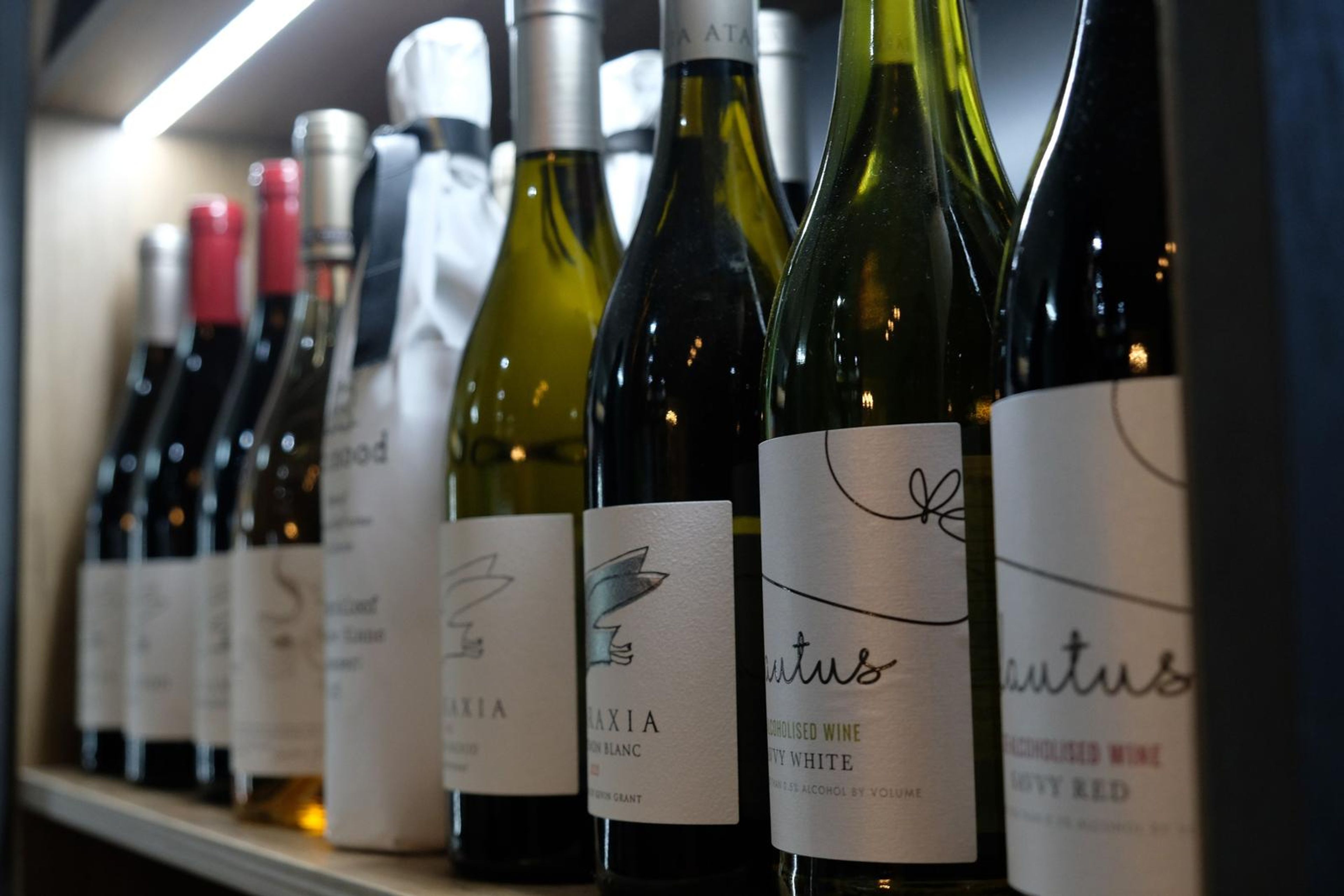 Row of wine bottles on a lit shelf with labels showing