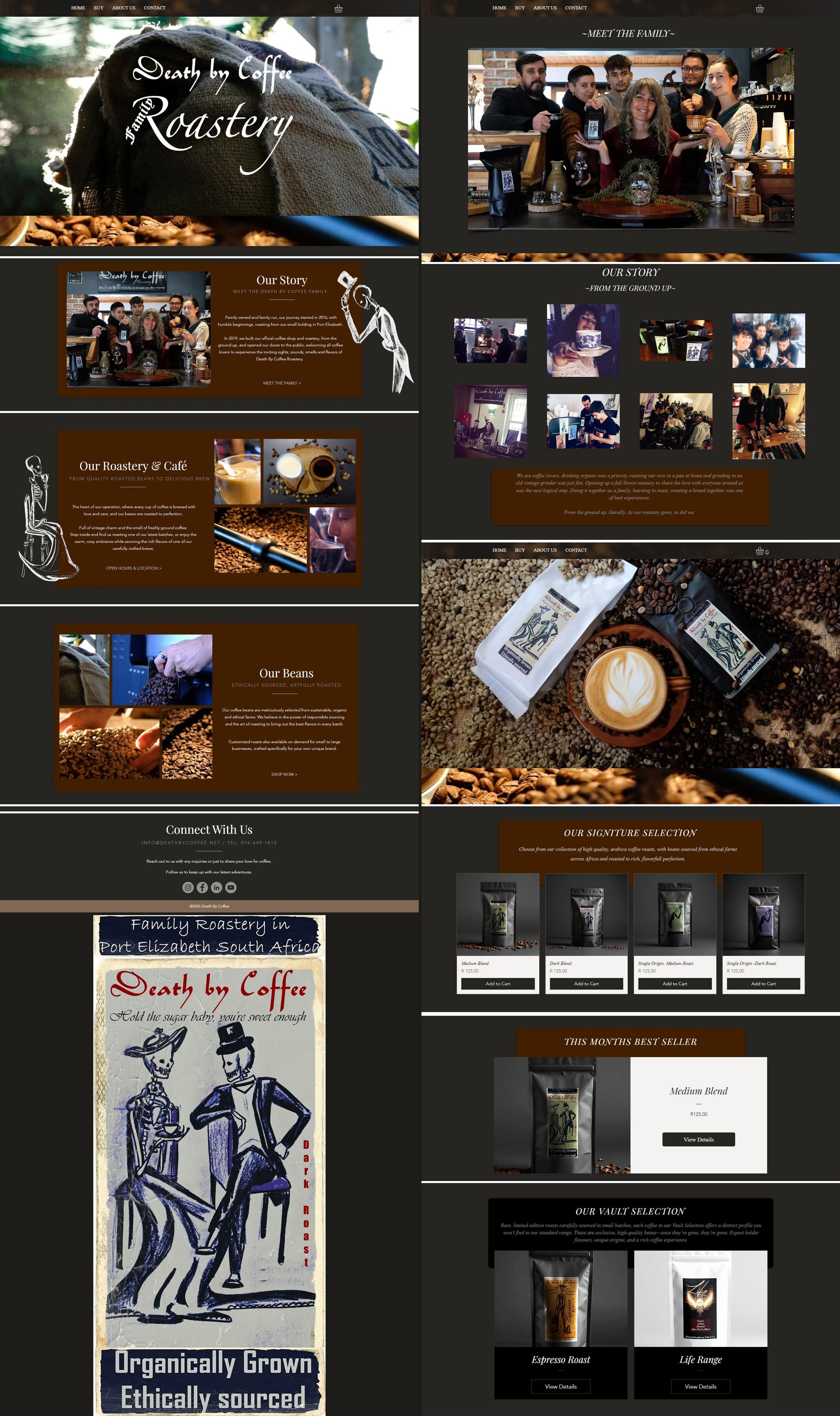 Death By Coffee new website, full page view of the home, family, story and shop sections