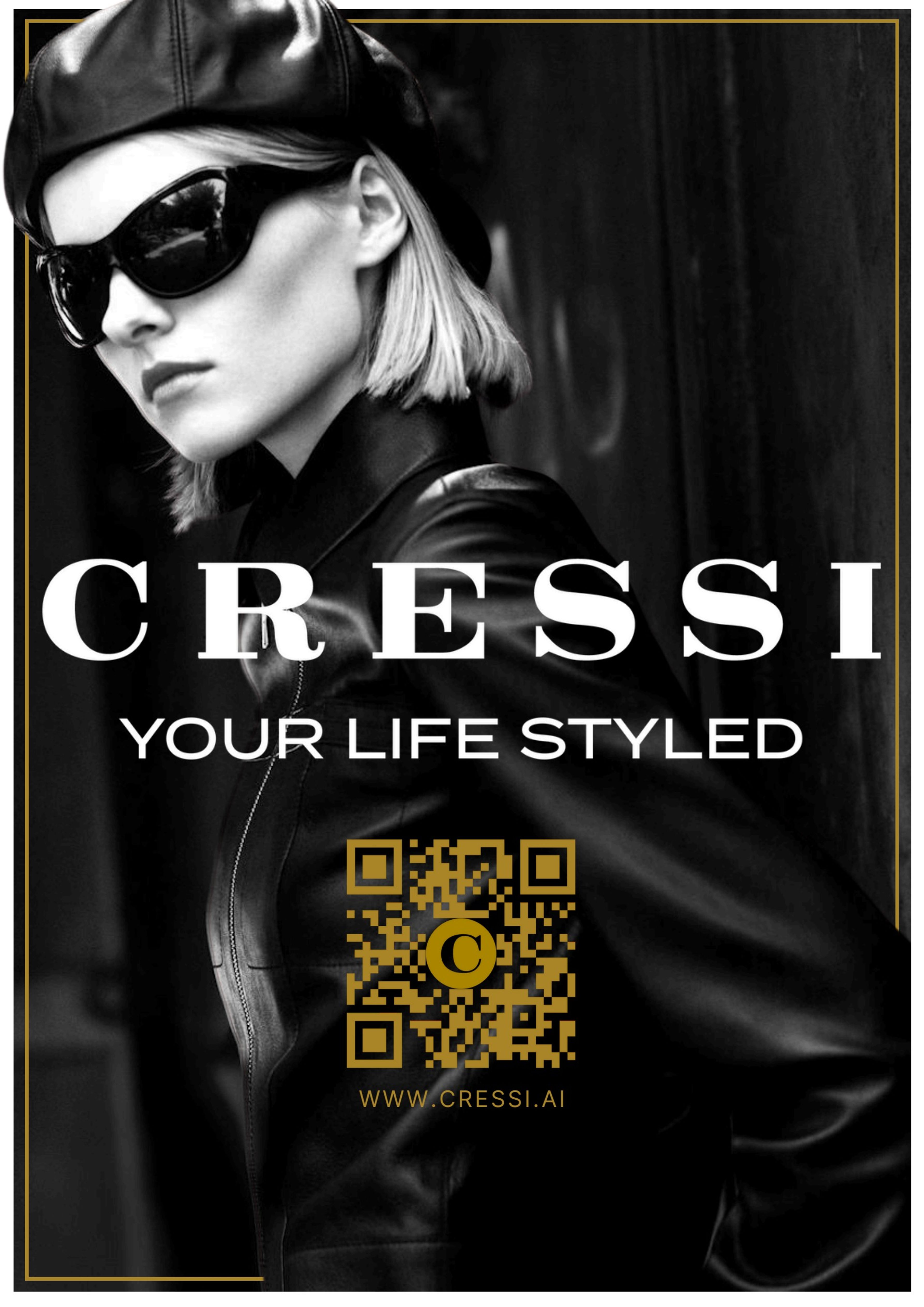 Back cover reading 'CRESSI, your life styled' with a gold QR code over a black-and-white portrait