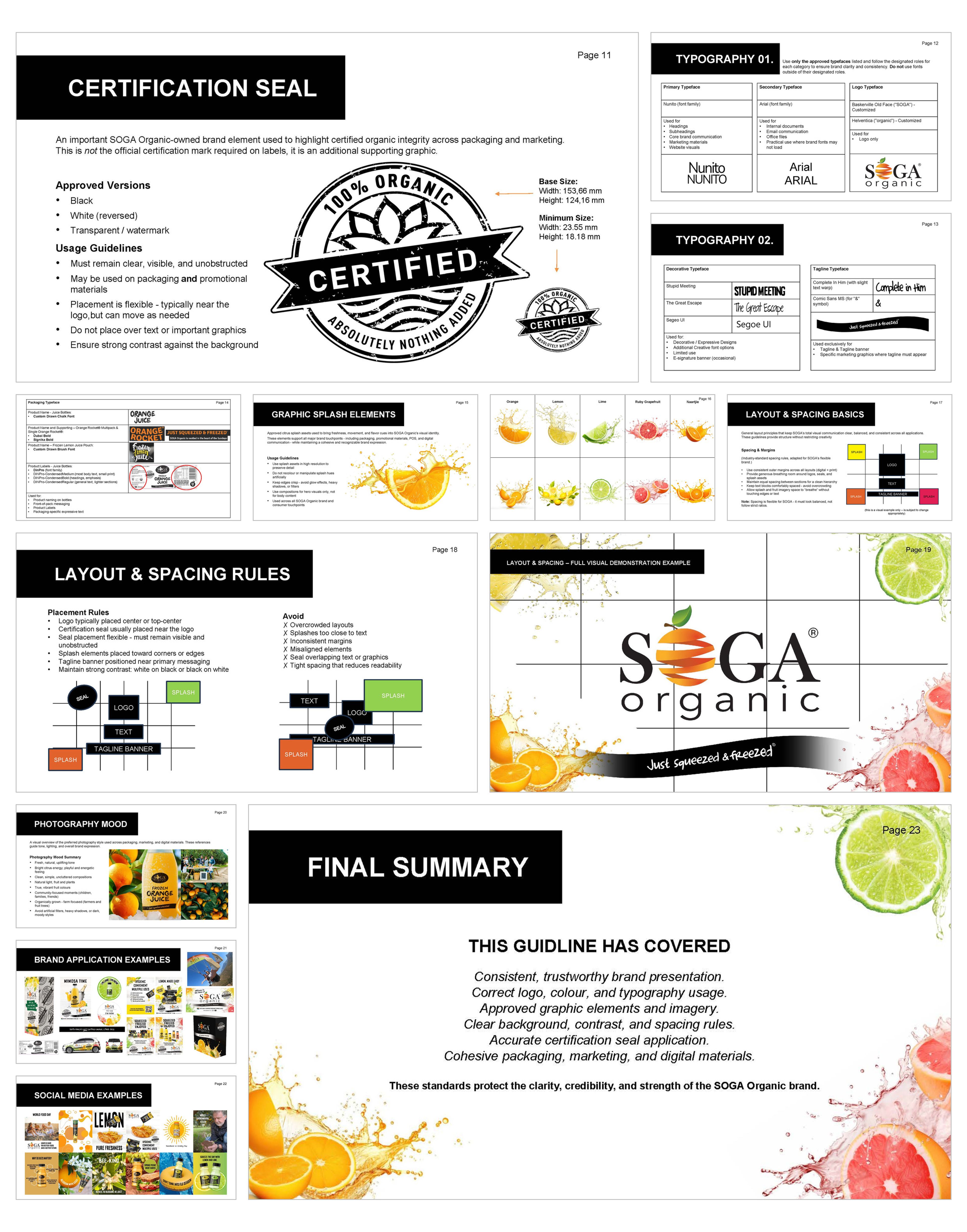 SOGA Organic brand guidelines, pages 13 to 25: certification seal, typography, graphic splash elements, layout and spacing rules, photography mood, brand and social media application examples and final summary